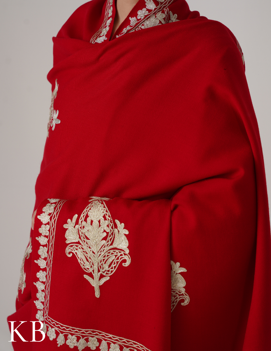 Red Woollen Shawl with Tilla Work | Classic Kashmiri Embellishment - Kashmir Box