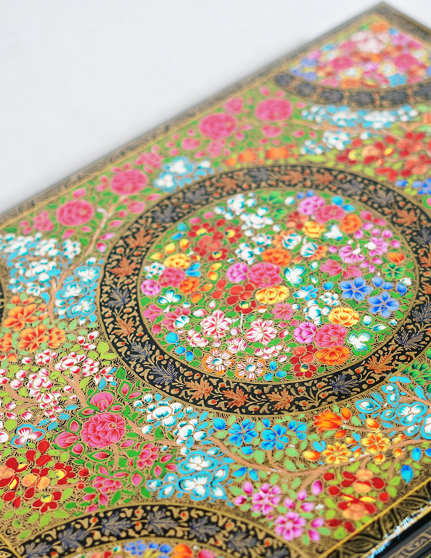 Handmade Kashmir Papier-Mâché Pashmina Box — Hand-Painted Design | 30.5 cm (L) × 40.5 cm (B) × 5.5 cm (H)