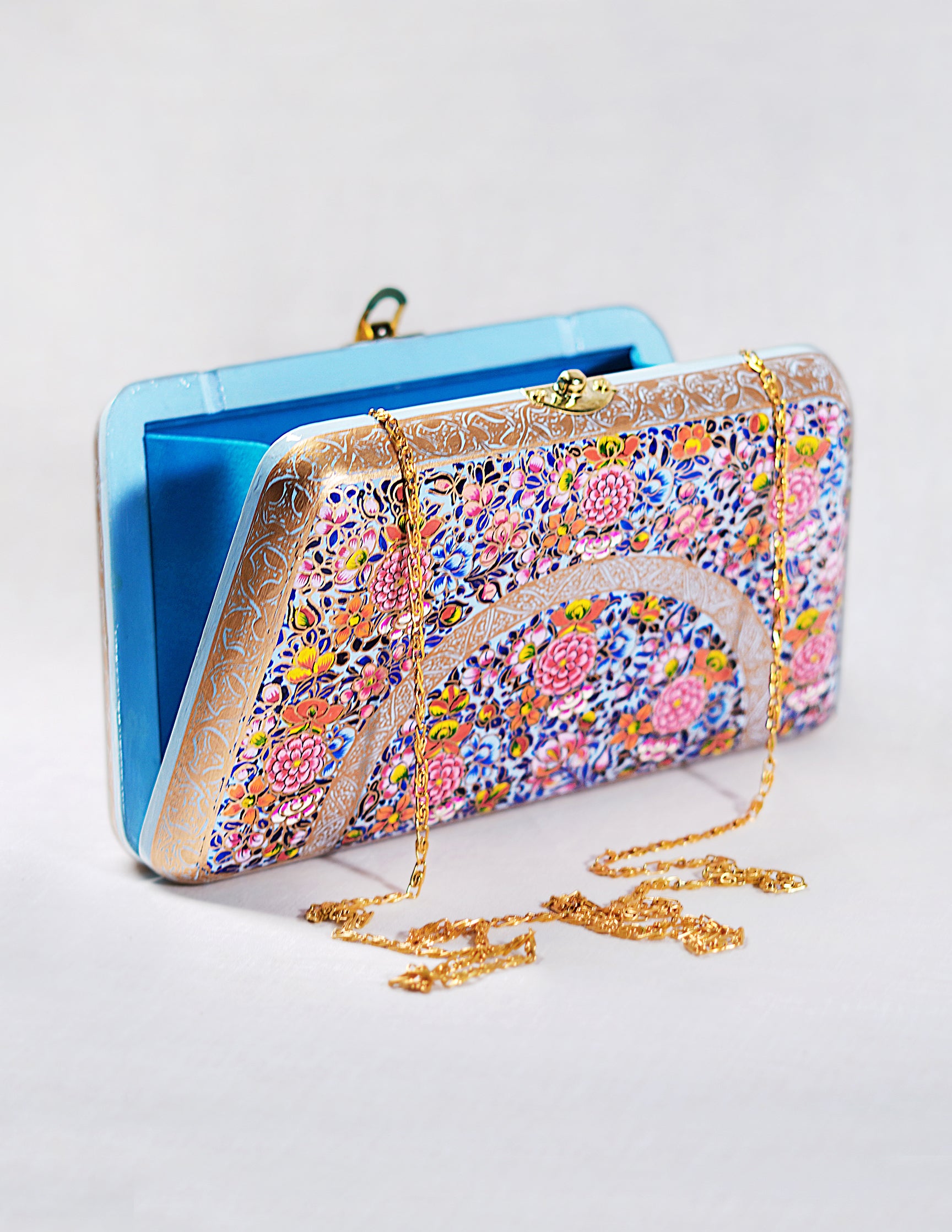 Handmade Kashmir Papier-Mâché Trapezium Clutch — Hand-Painted Design | 13 cm (L) × 21.5 cm (B) × 4 cm (H)