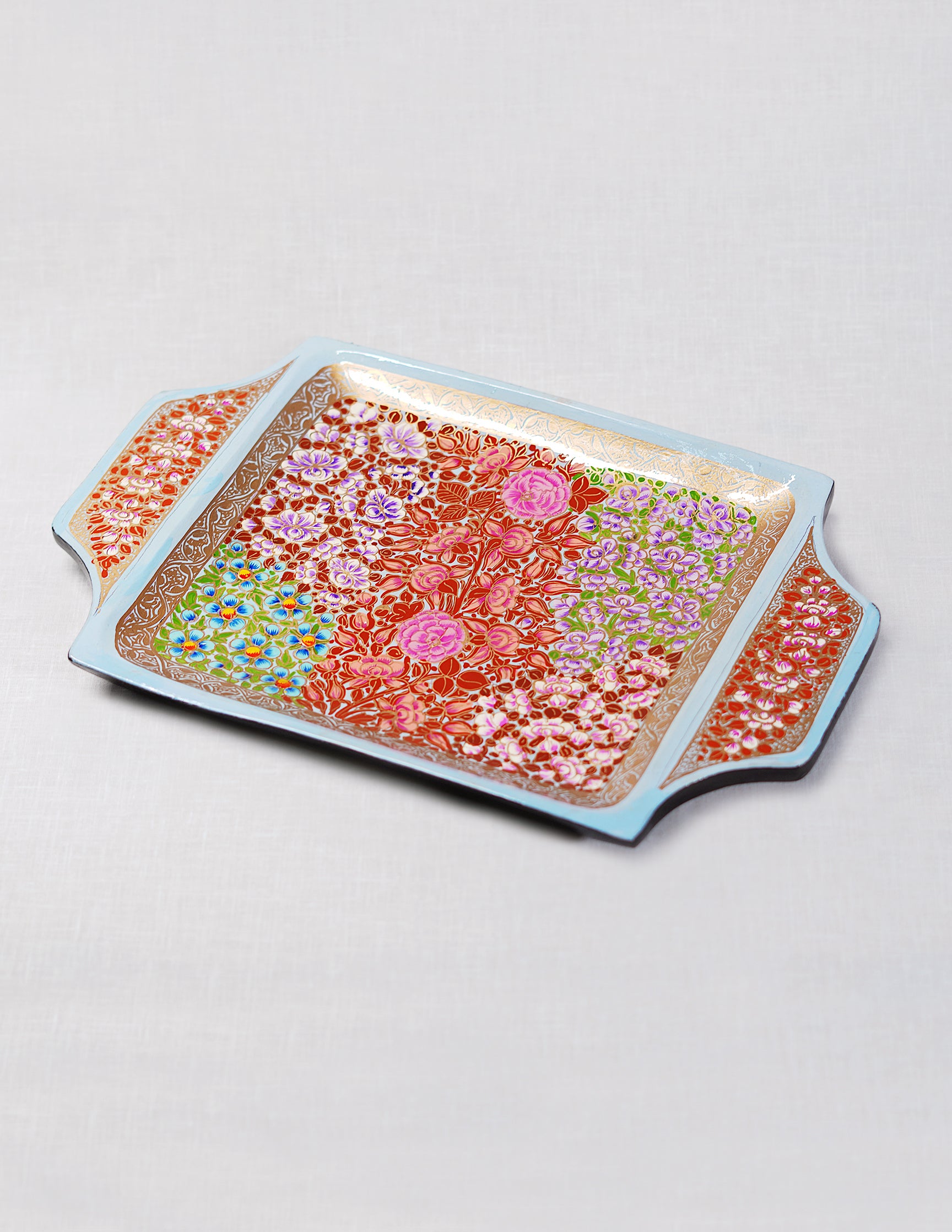 Handmade Kashmir Papier-Mâché Tray with Handle — Hand-Painted Design | 19.5 cm (L) × 30.3 cm (B) × 2.5 cm (H)