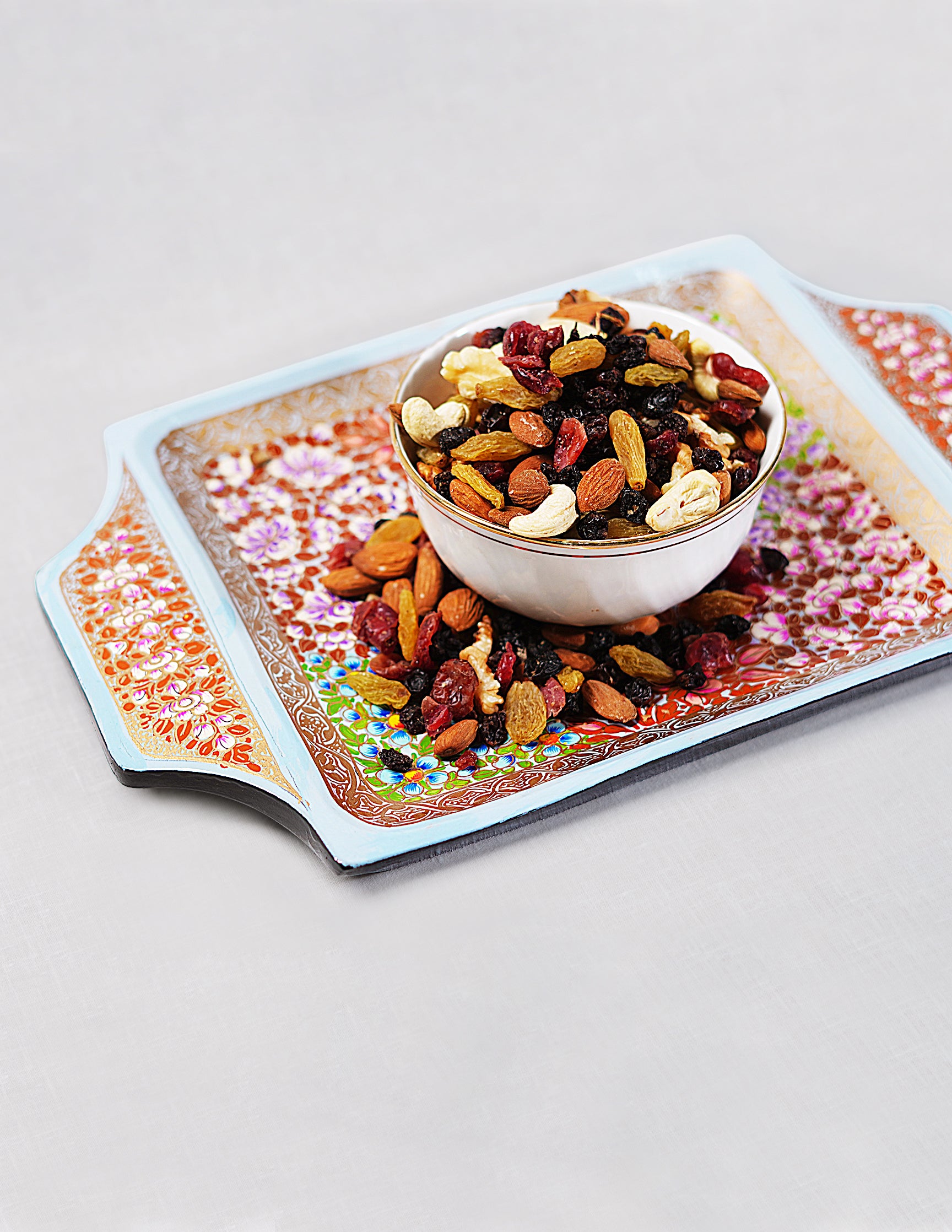 Handmade Kashmir Papier-Mâché Tray with Handle — Hand-Painted Design | 19.5 cm (L) × 30.3 cm (B) × 2.5 cm (H)