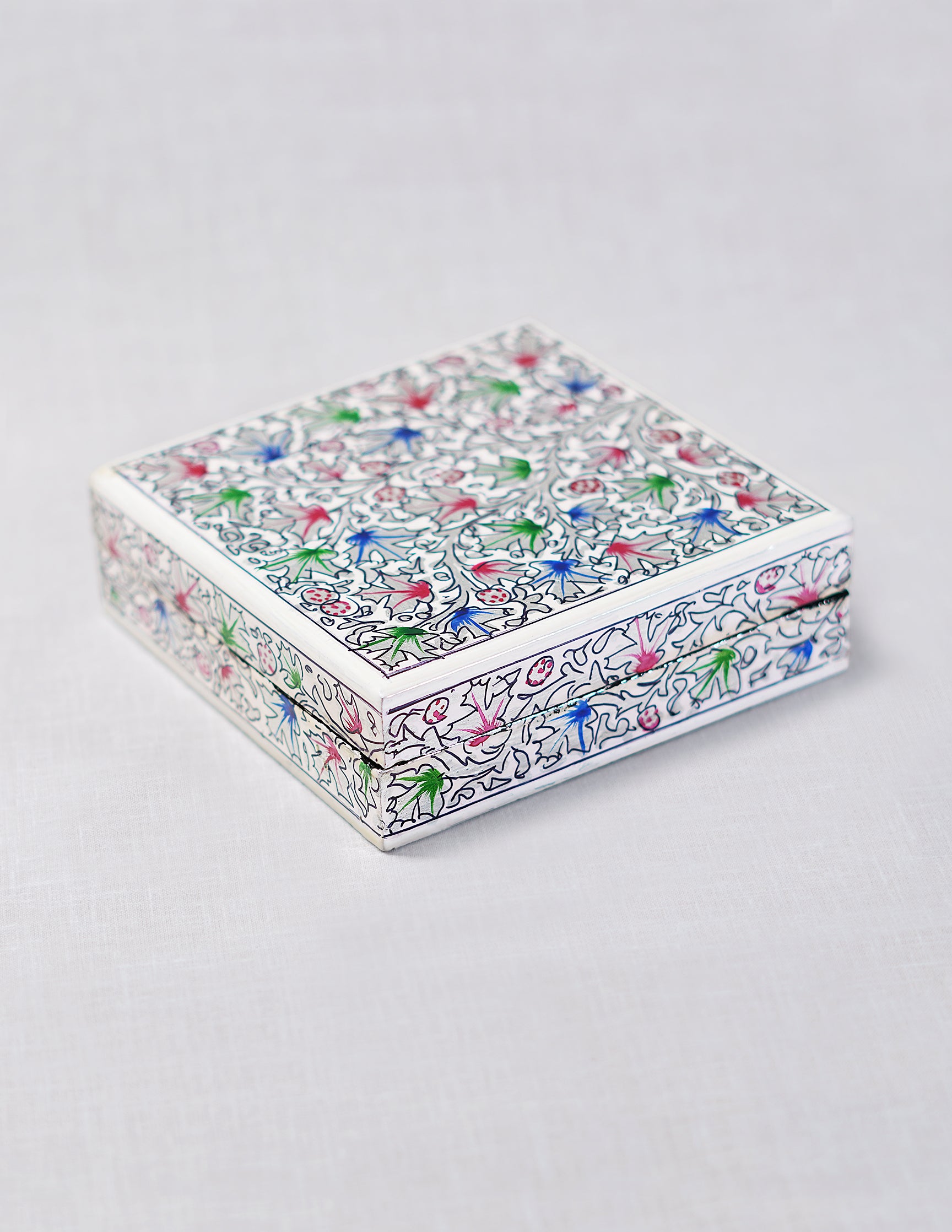 Handmade Kashmir Papier-Mâché Coaster Set — Hand-Painted Design | 11.2 cm (L) × 11.2 cm (B) × 3.5 cm (H)