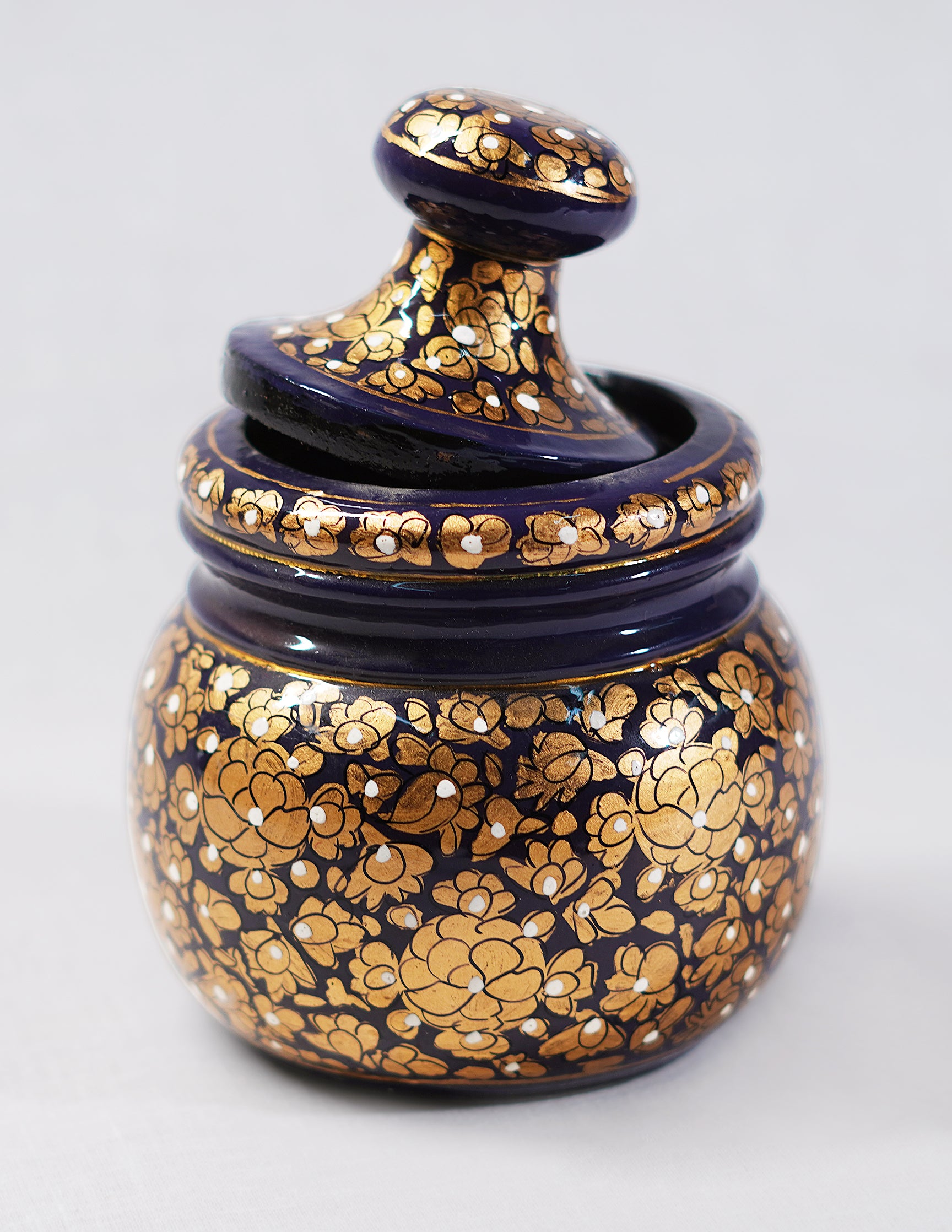 Handmade Kashmir Papier-Mâché Sugar Pot — Hand-Painted Design | Ø 5.5 cm × 12.5 cm (H)