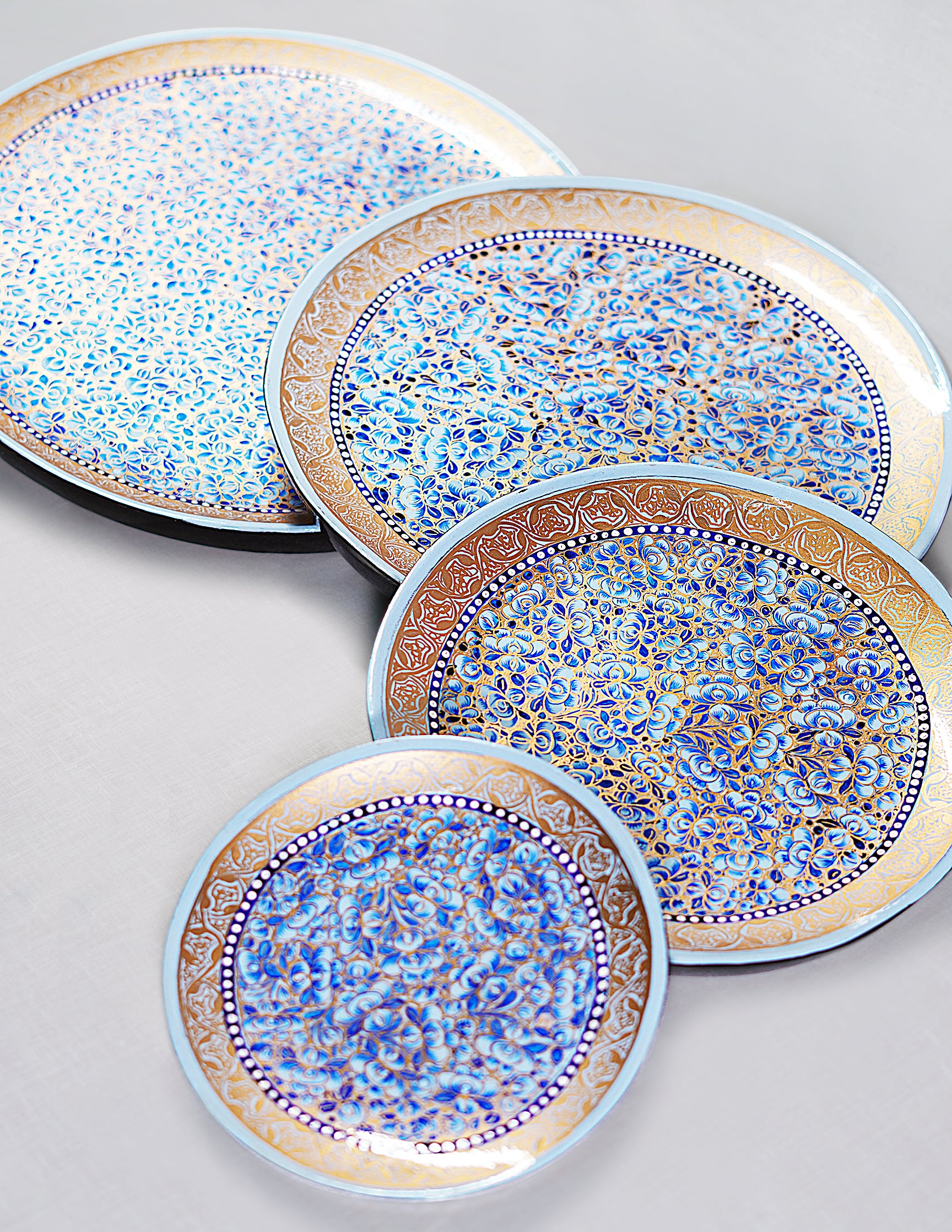 Handmade Kashmir Papier-Mâché Roti Plate / Wall Plate — Hand-Painted Design | Ø 15 cm, Ø 20 cm, Ø 25 cm & Ø 28 cm (set of 4 plates)
