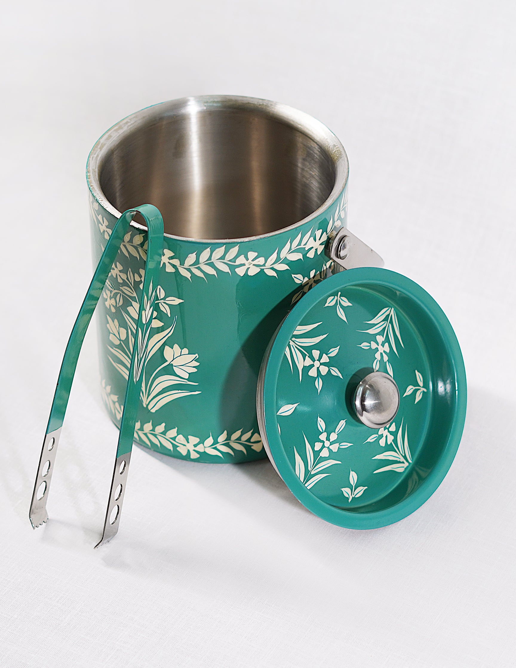 Handmade Kashmir Papier-Mâché Ice Bucket with Tong — Hand-Painted Design | Ø 12.5 cm × 13.5 cm (H); Tong: 16 cm