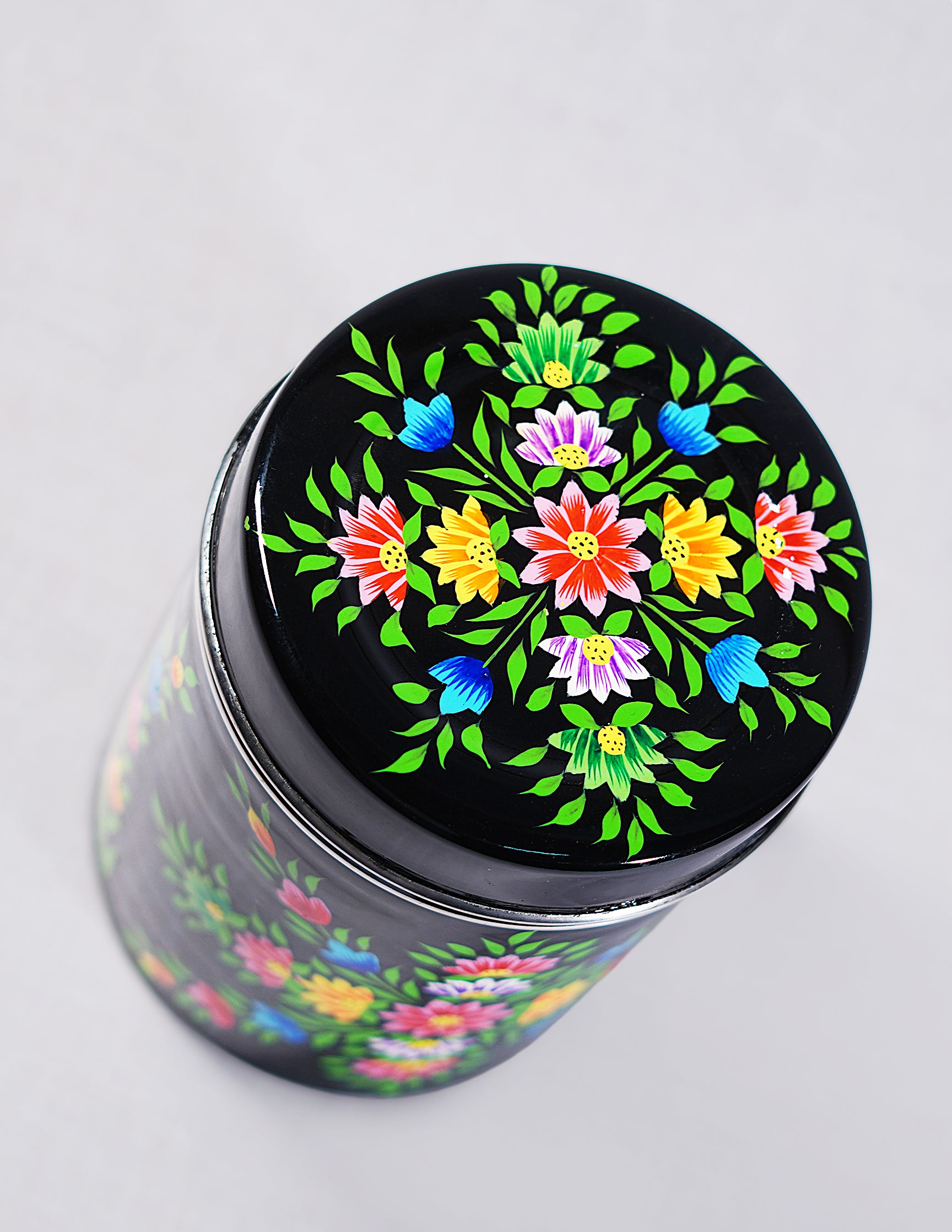 Handmade Kashmir Papier-Mâché Canister Box — Hand-Painted Design | Ø 10.5 cm × 15 cm (H)
