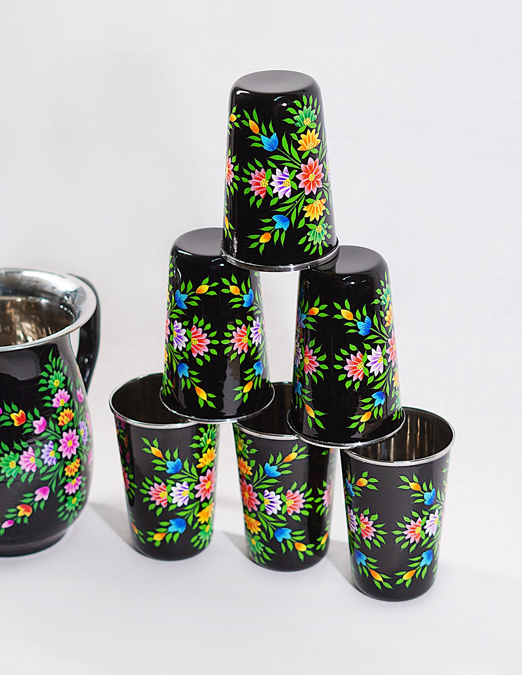 Handmade Kashmir Papier-Mâché Jug Set — Hand-Painted Design | Jug Ø 14 cm × 18 cm | Glass Ø 8 cm × 12 cm
