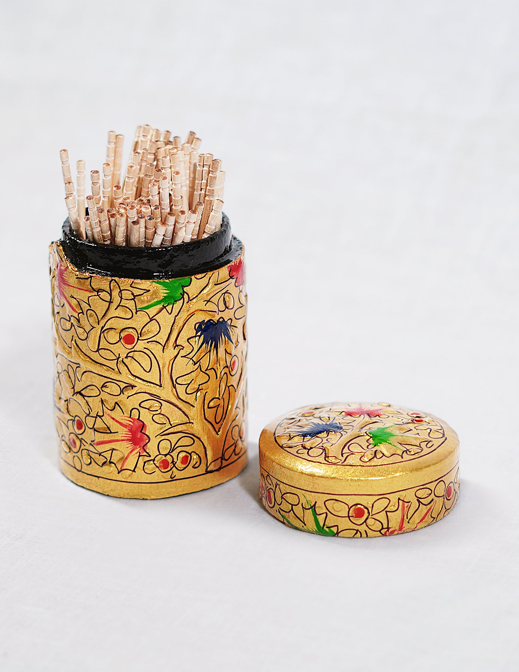 Handmade Kashmir Papier-Mâché Toothpick Holder — Hand-Painted Design | Ø 4 cm × 7 cm (H)