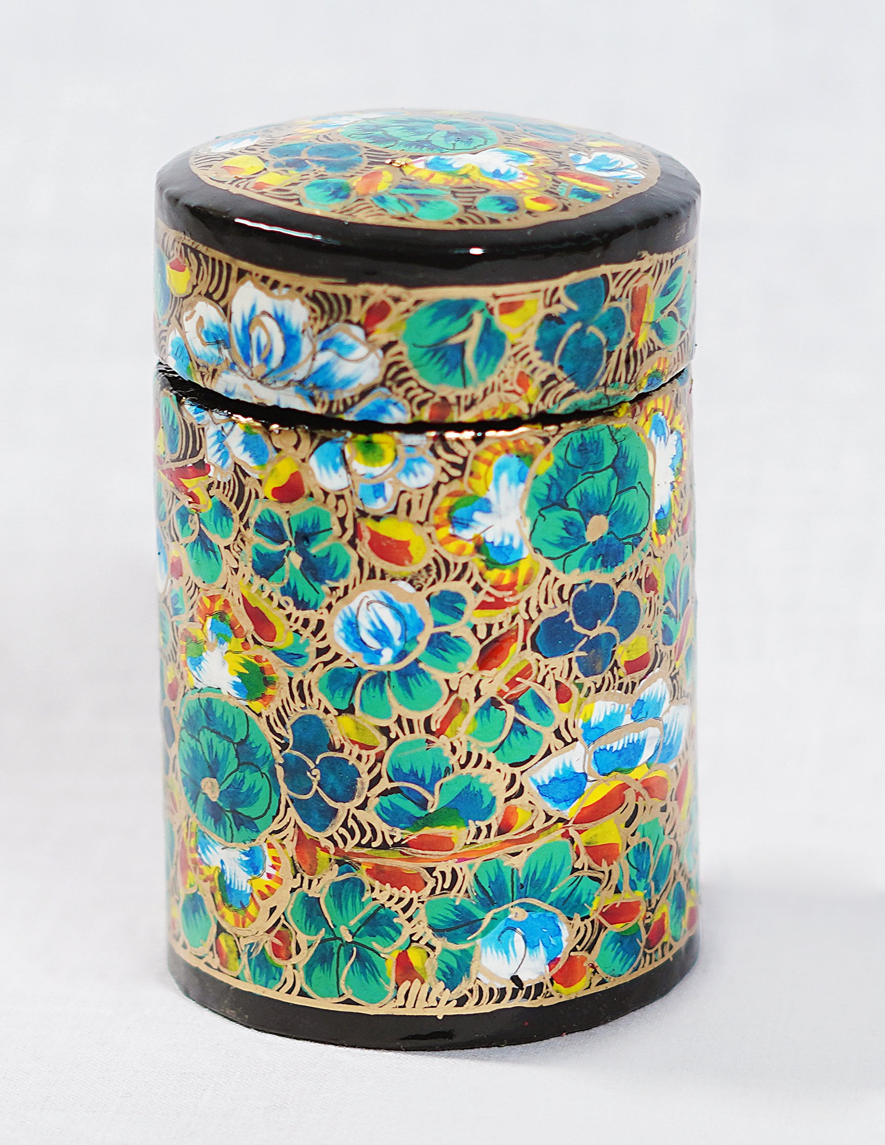 Handmade Kashmir Papier-Mâché Toothpick Holder — Hand-Painted Design | Ø 4 cm × 7 cm (H)