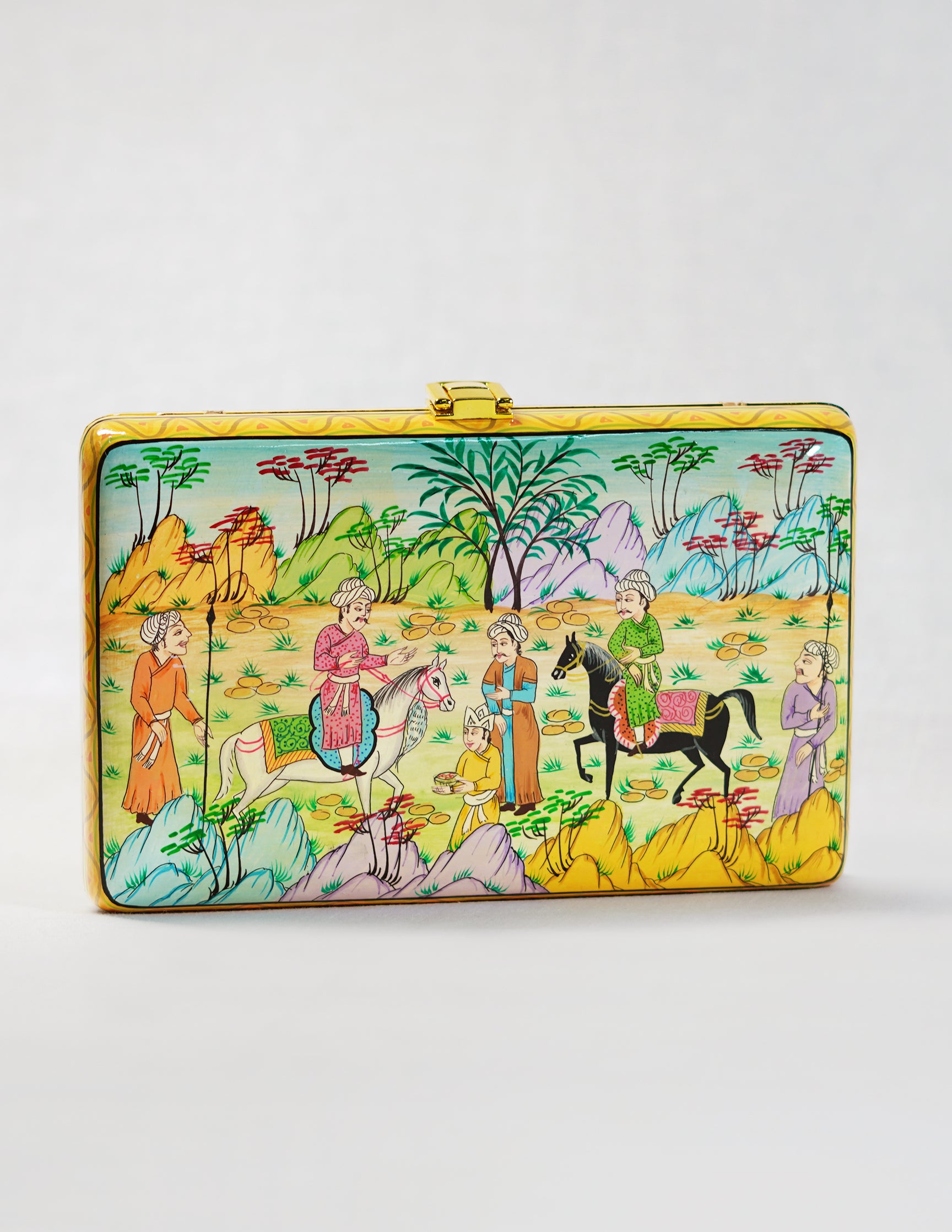 Handmade Kashmir Papier-Mâché Rectangular Clutch — Hand-Painted Design | 12.5 cm (L) × 20 cm (B) × 3.5 cm (H)