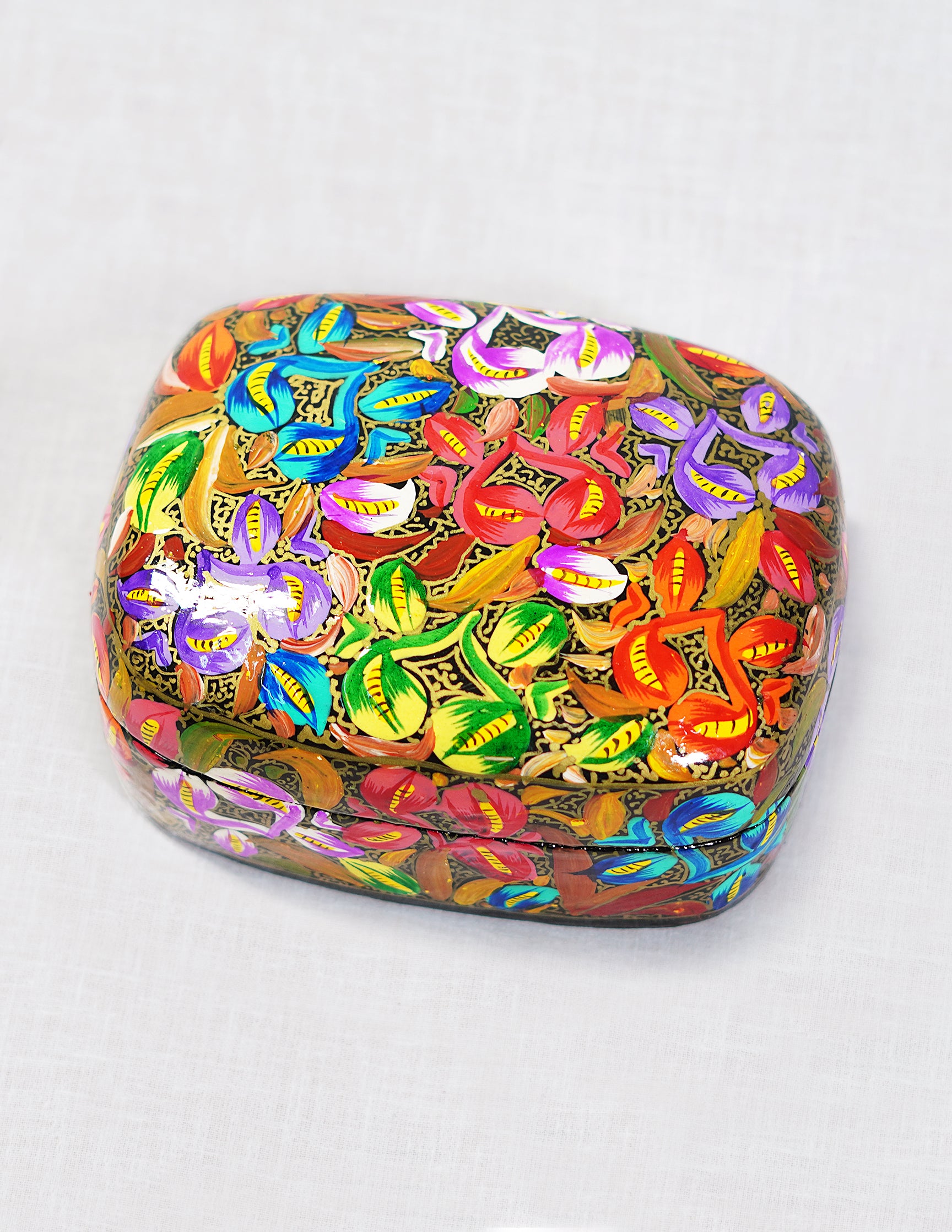 Handmade Kashmir Papier-Mâché Trinket Box — Hand-Painted Design | 9.25 cm (L) × 12 cm (B) × 5.5 cm (H)