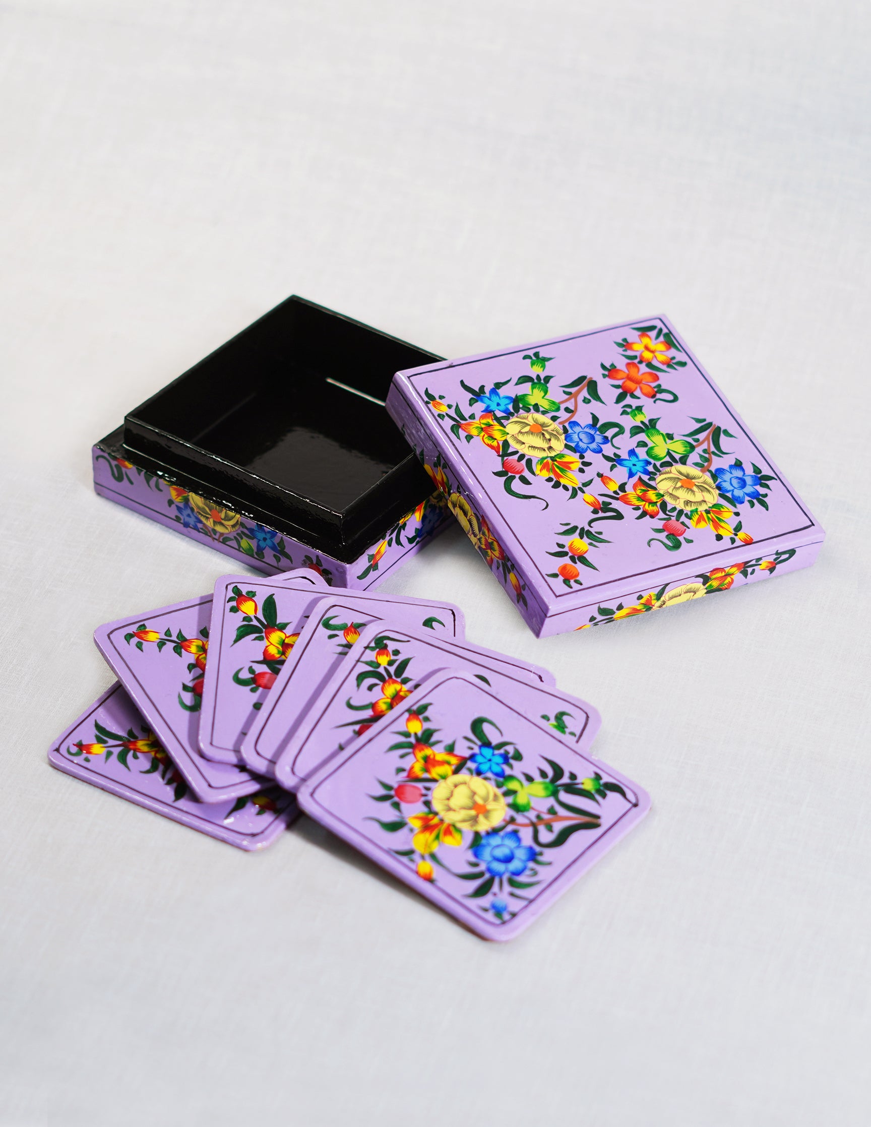 Handmade Kashmir Papier-Mâché Coaster Set — Hand-Painted Design | 11 cm (L) × 11 cm (B) × 3.5 cm (H)