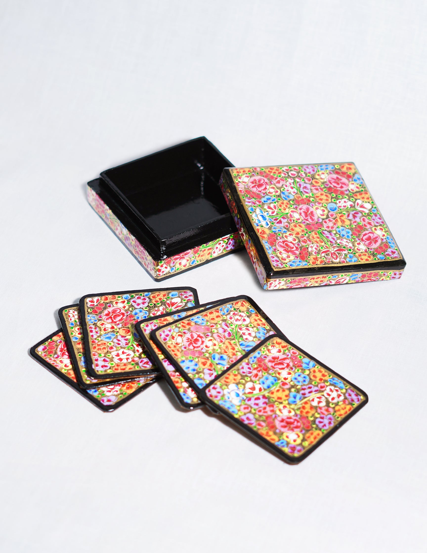 Handmade Kashmir Papier-Mâché Coaster Set — Hand-Painted Design | 11 cm (L) × 11 cm (B) × 3.5 cm (H)