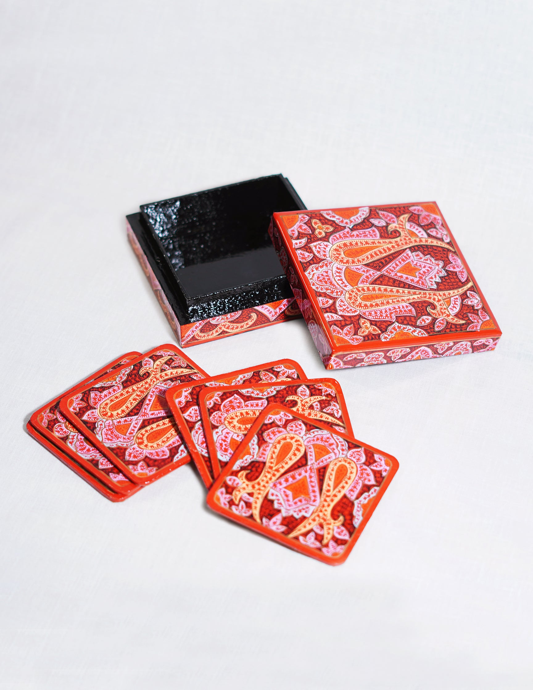 Handmade Kashmir Papier-Mâché Coaster Set — Hand-Painted Design | 11 cm (L) × 11 cm (B) × 3.5 cm (H)