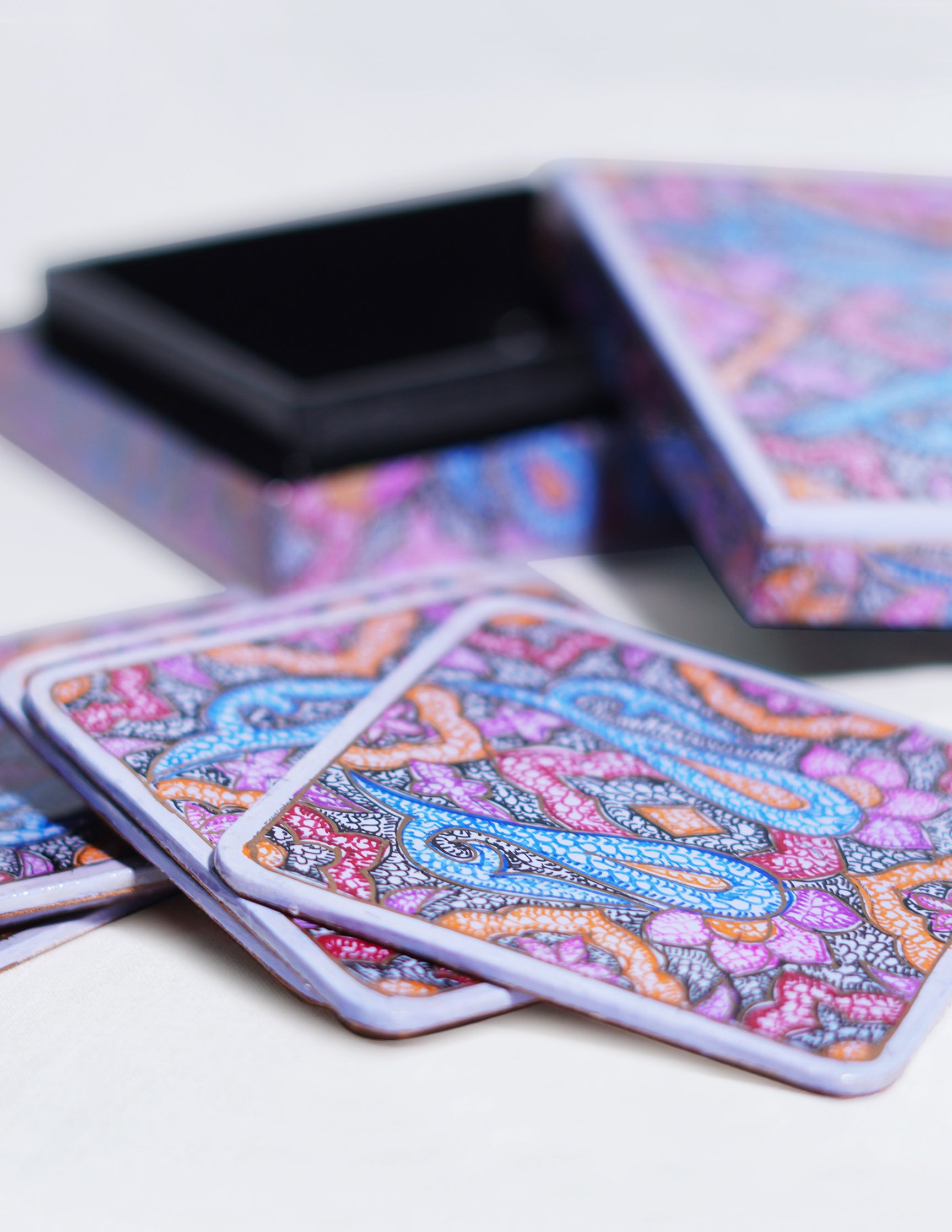 Handmade Kashmir Papier-Mâché Coaster Set — Hand-Painted Design | 11 cm (L) × 11 cm (B) × 3.5 cm (H)
