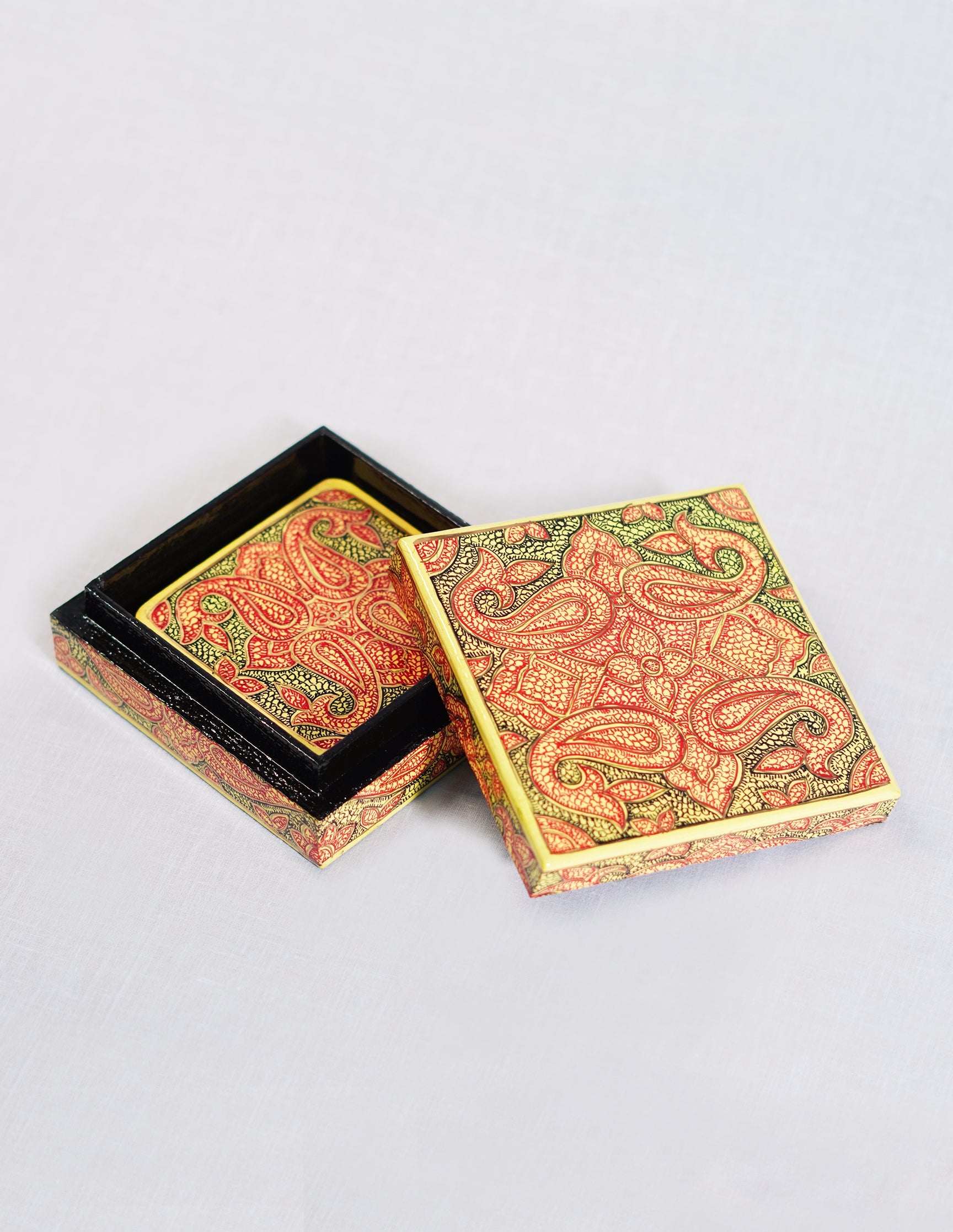 Handmade Kashmir Papier-Mâché Coaster Set — Hand-Painted Design | 11 cm (L) × 11 cm (B) × 3.5 cm (H)