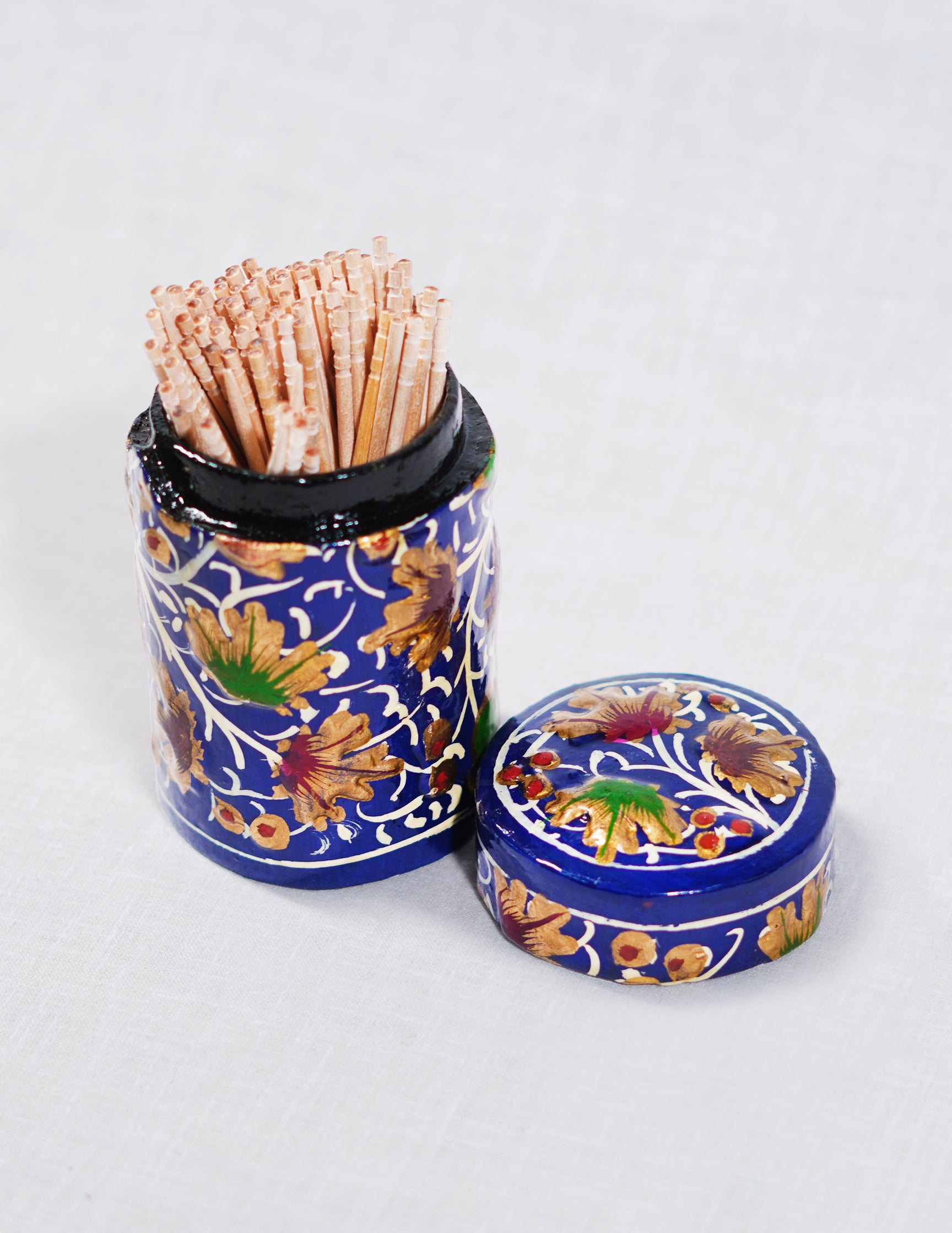 Handmade Kashmir Papier-Mâché Toothpick Holder — Hand-Painted Design | Ø 4 cm × 7 cm (H)