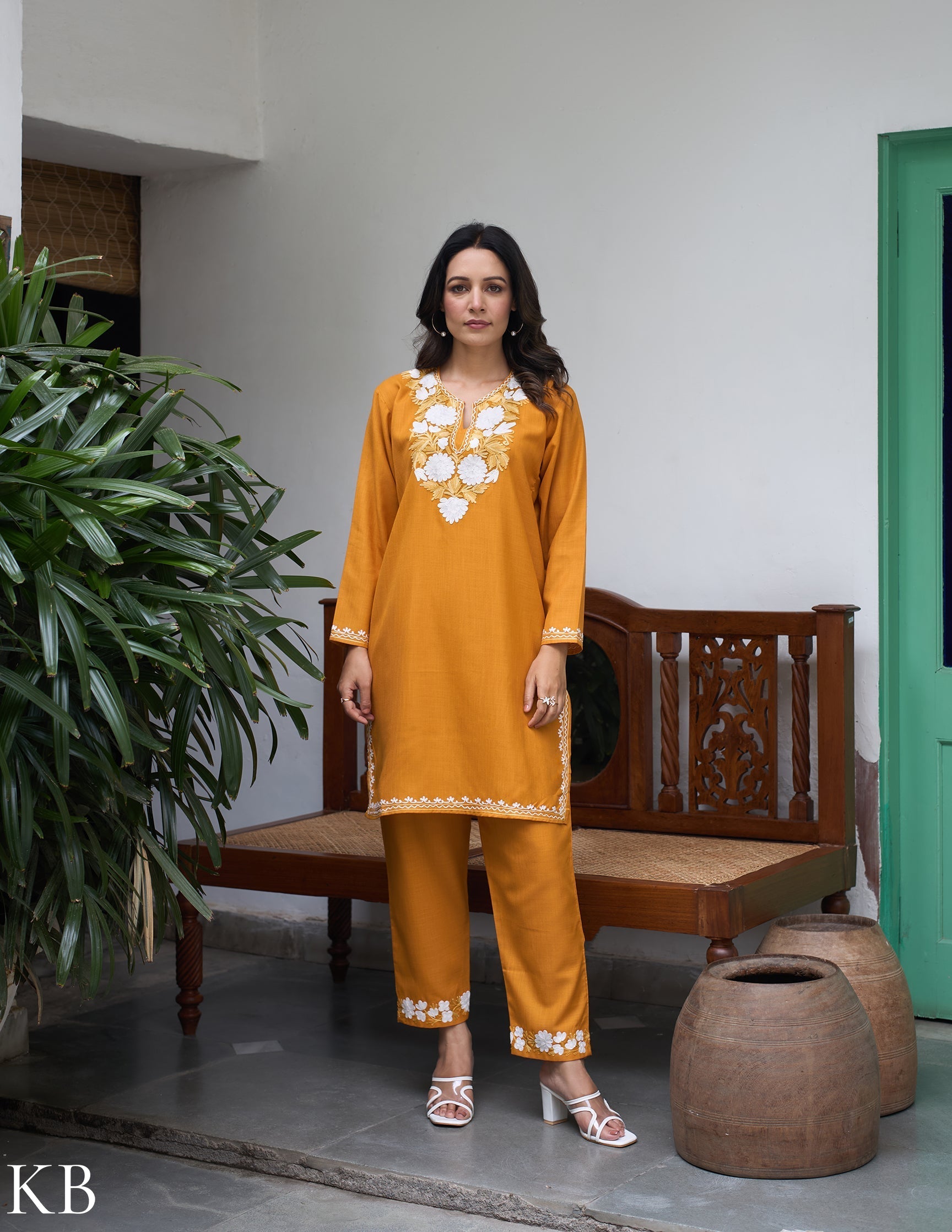 Nigeen Kashmiri Aari Mustard Yellow Co-ord Set - Kashmir Box