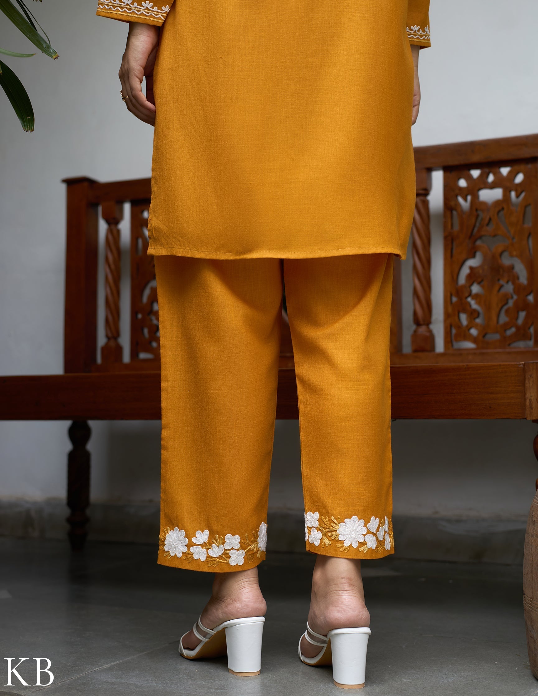 Nigeen Kashmiri Aari Mustard Yellow Co-ord Set - Kashmir Box
