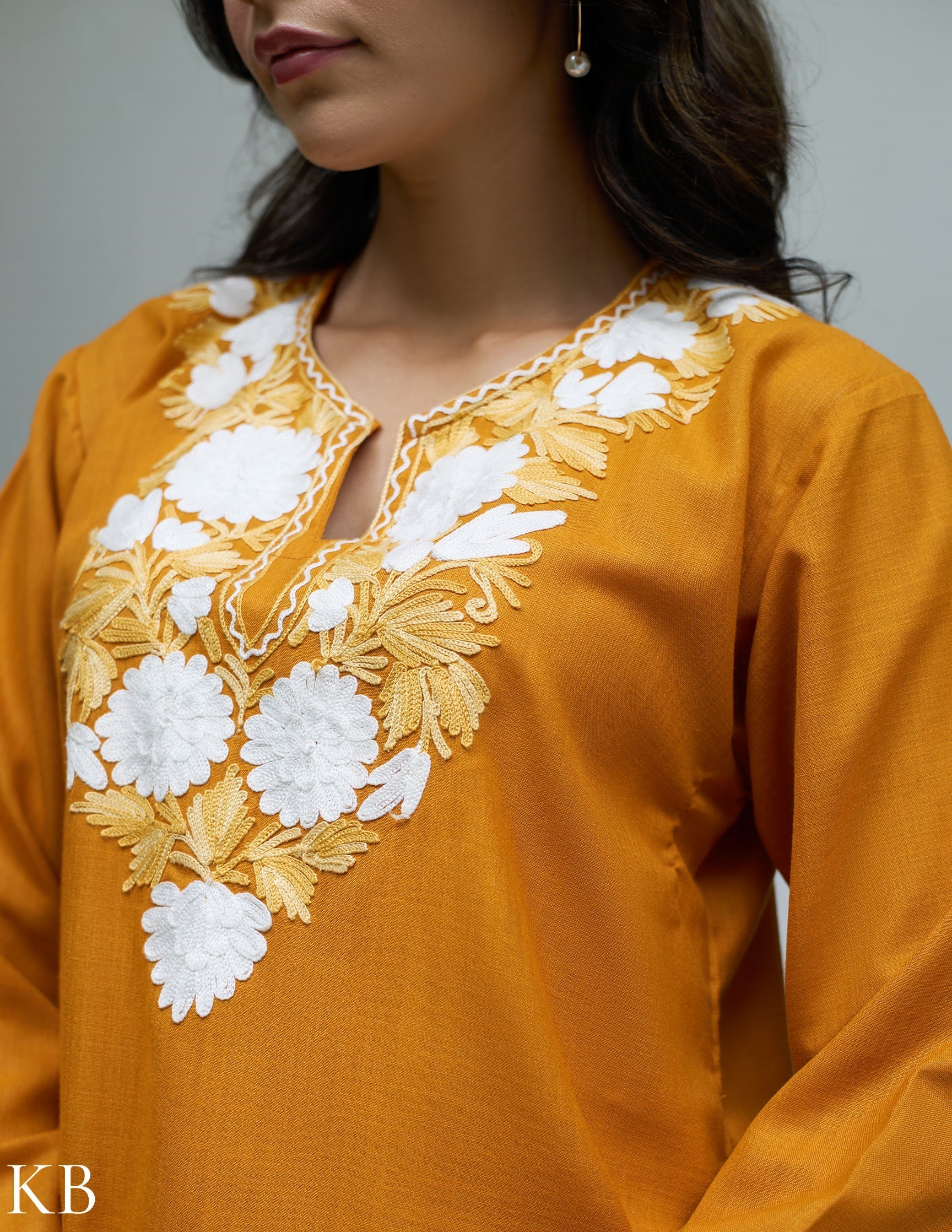 Nigeen Kashmiri Aari Mustard Yellow Co-ord Set - Kashmir Box