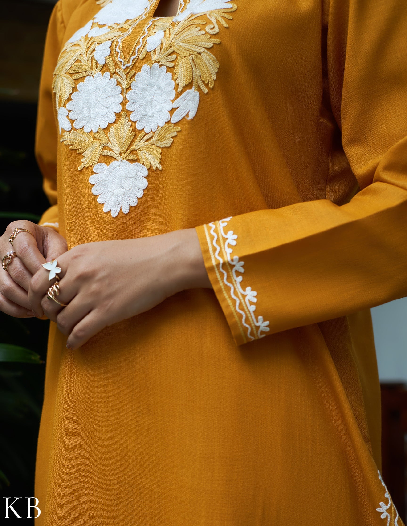 Nigeen Kashmiri Aari Mustard Yellow Co-ord Set - Kashmir Box