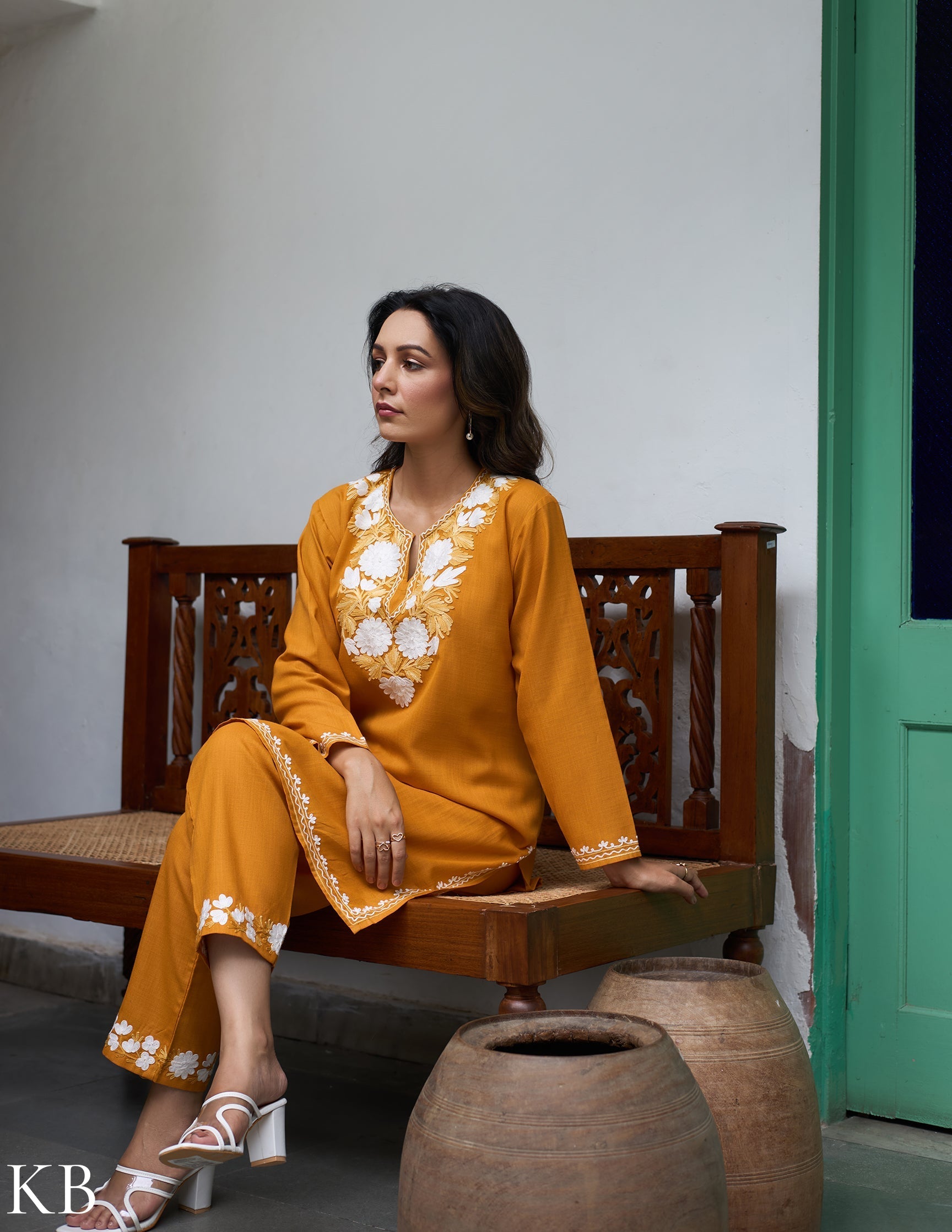 Nigeen Kashmiri Aari Mustard Yellow Co-ord Set - Kashmir Box
