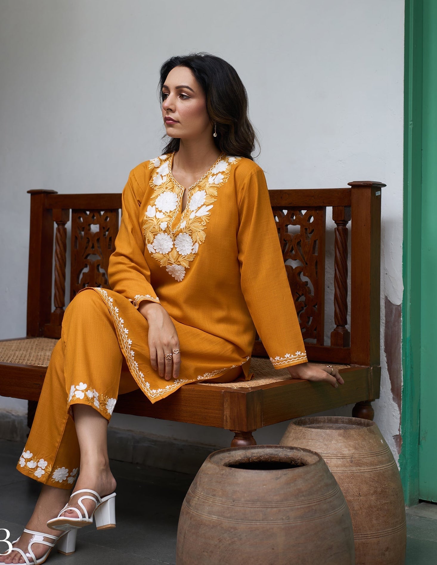 Nigeen Kashmiri Aari Mustard Yellow Co-ord Set - Kashmir Box