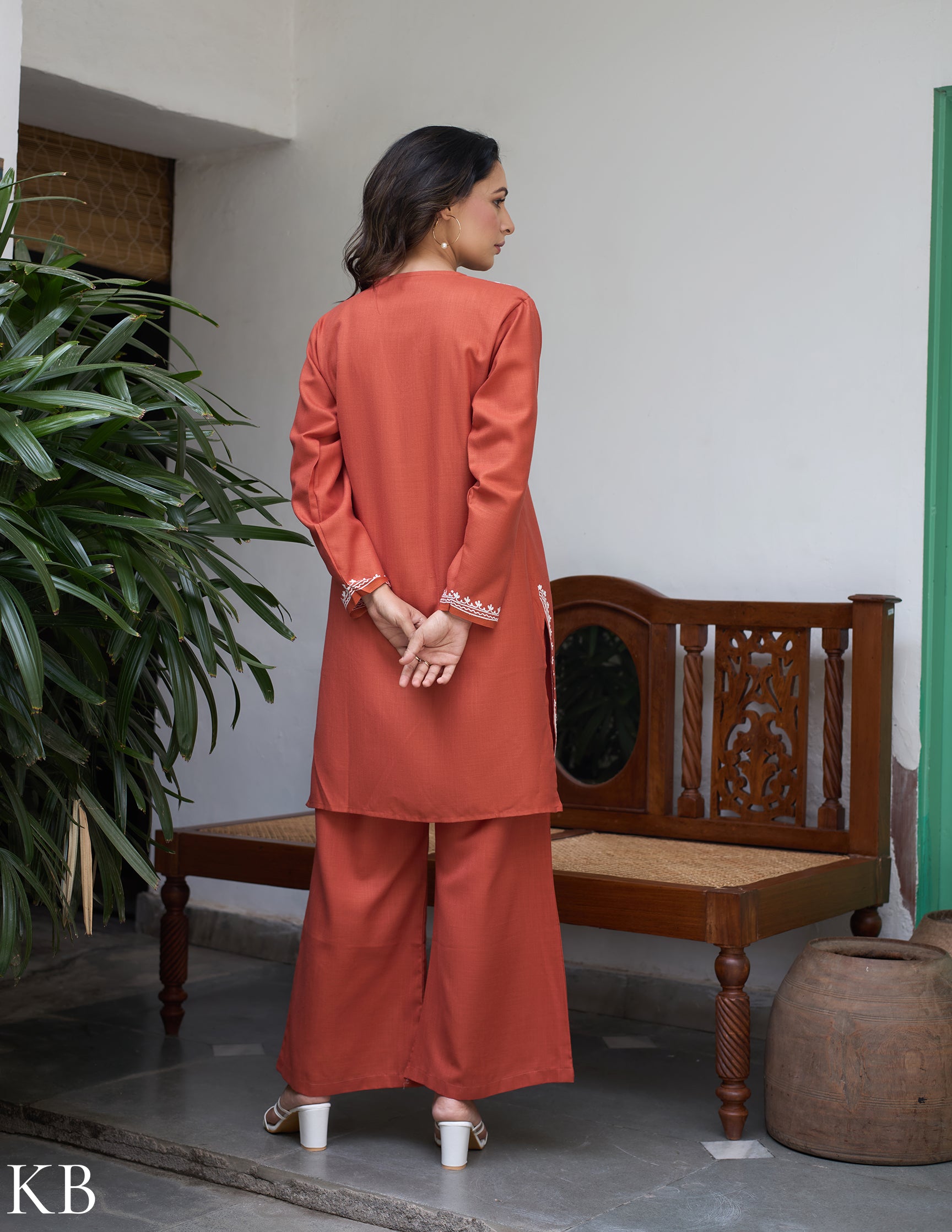 Nigeen Kashmiri Aari Rust Orange Co-ord Set - Kashmir Box
