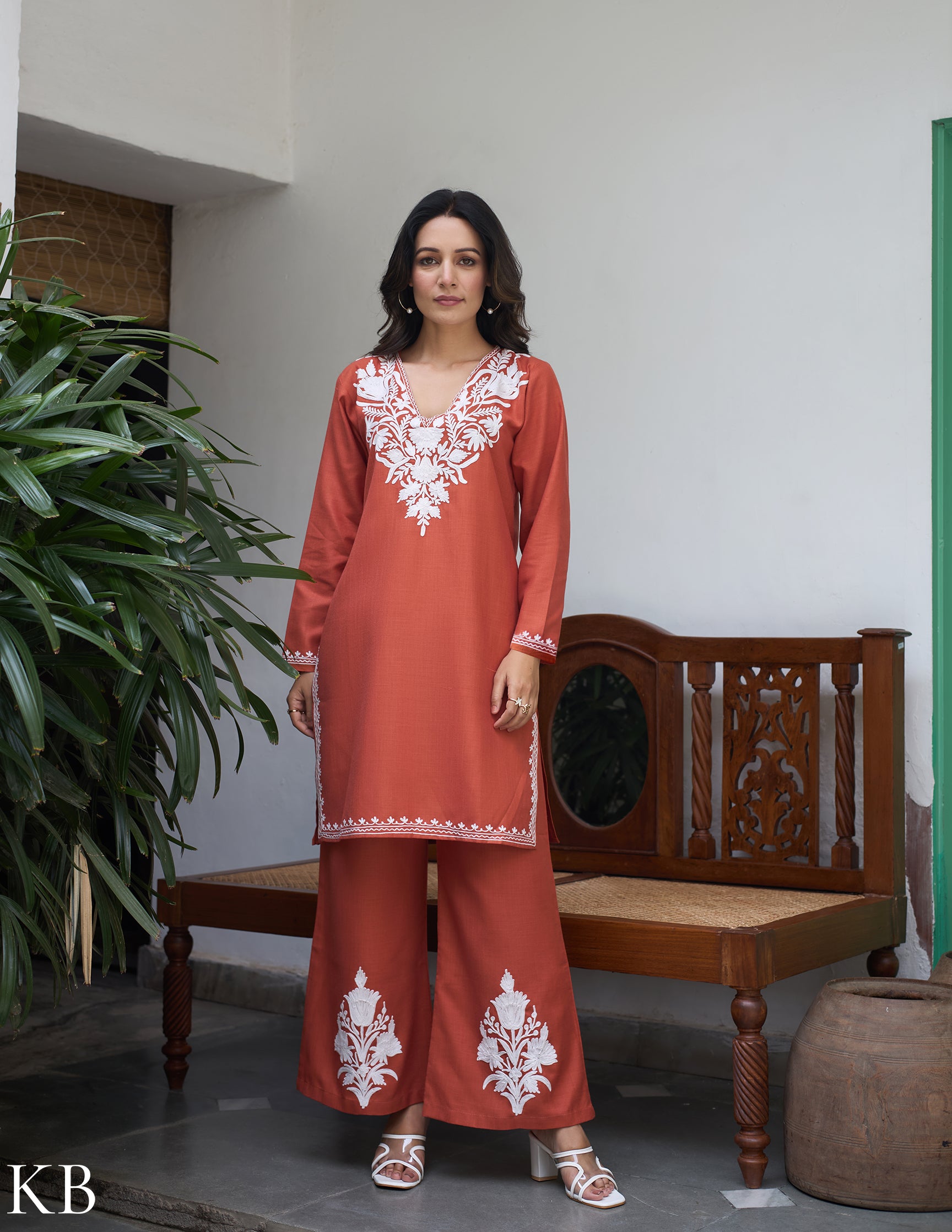 Nigeen Kashmiri Aari Rust Orange Co-ord Set - Kashmir Box