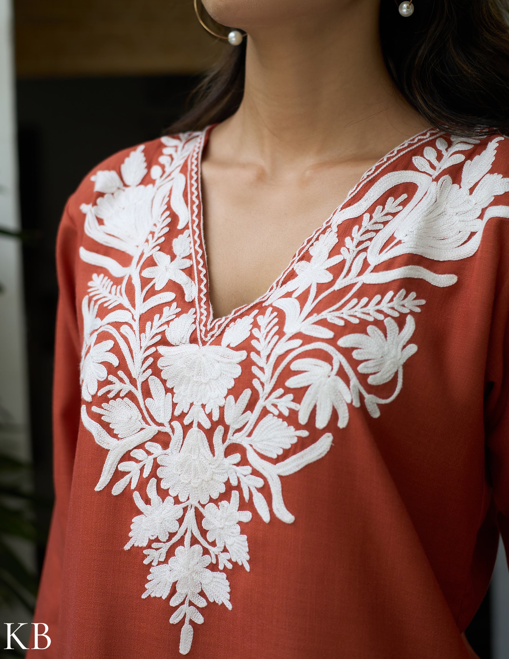 Nigeen Kashmiri Aari Rust Orange Co-ord Set - Kashmir Box