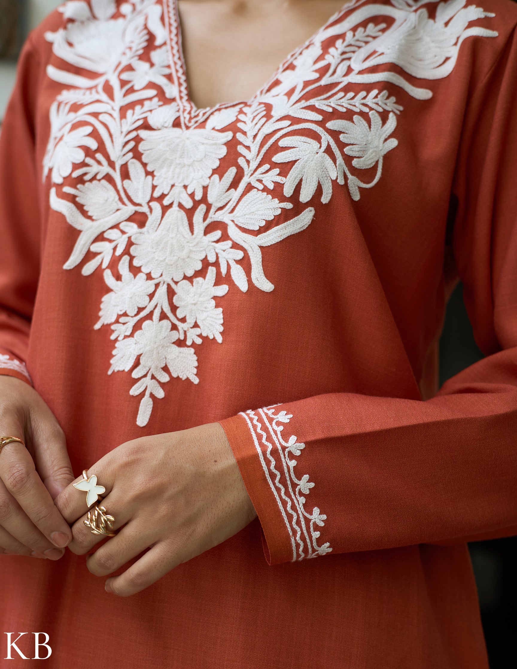 Nigeen Kashmiri Aari Rust Orange Co-ord Set - Kashmir Box