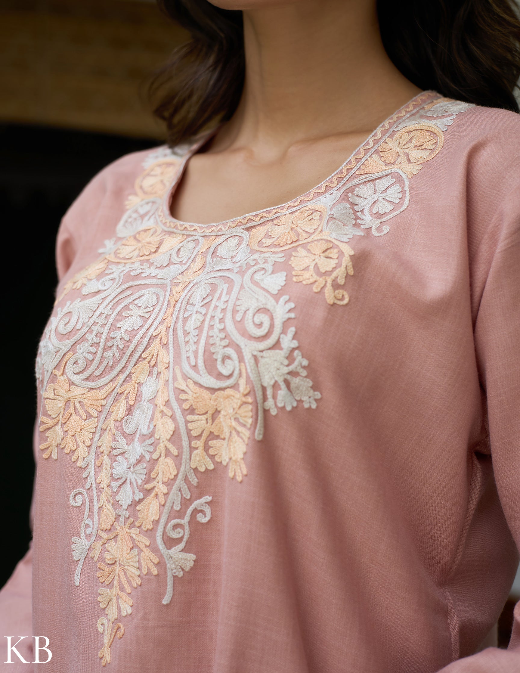 Nigeen Kashmiri Aari Dusky Pink Kurti - Kashmir Box