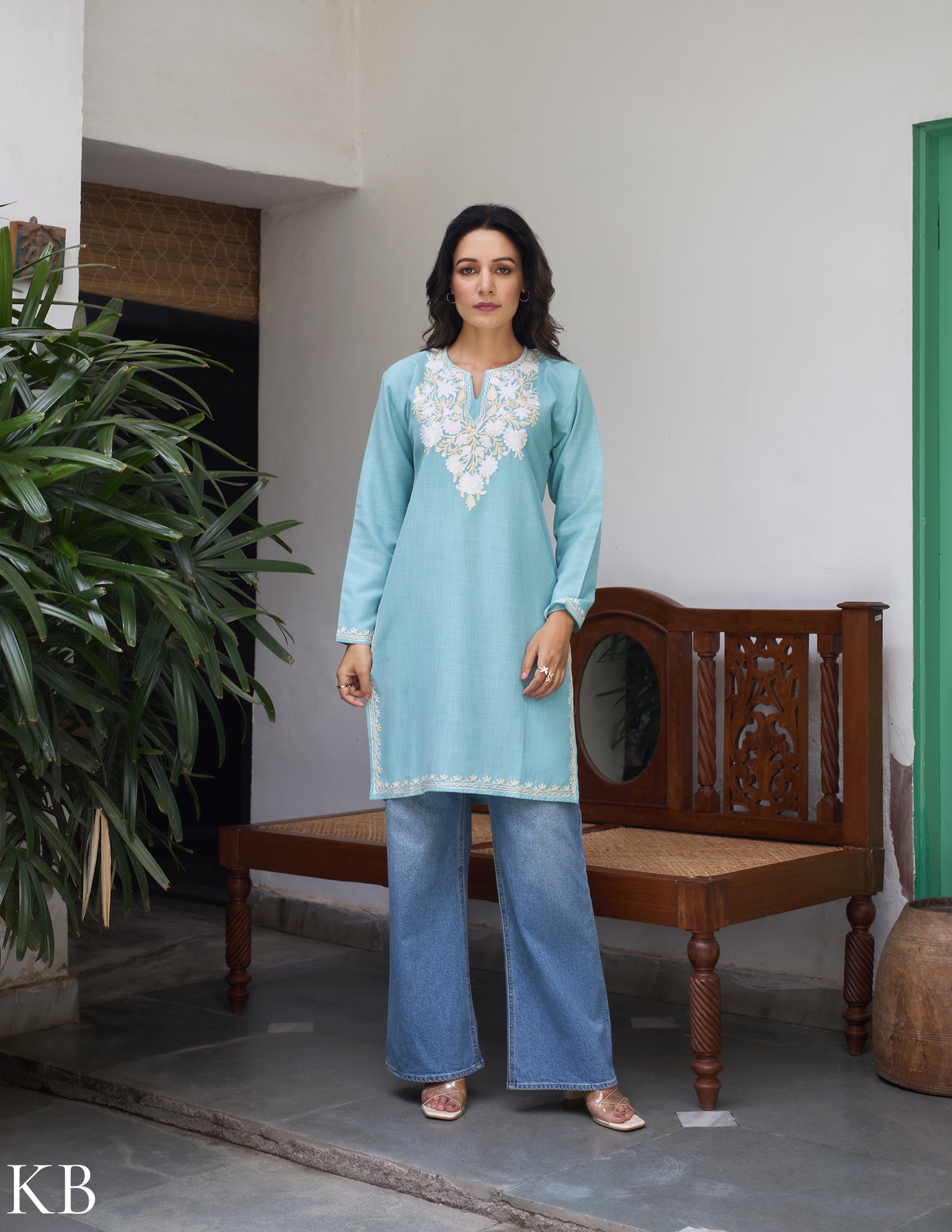Nigeen Kashmiri Aari Sky Blue Kurti - Kashmir Box