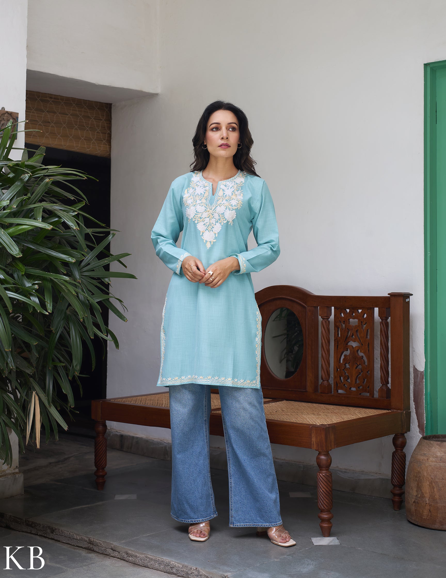 Nigeen Kashmiri Aari Sky Blue Kurti - Kashmir Box