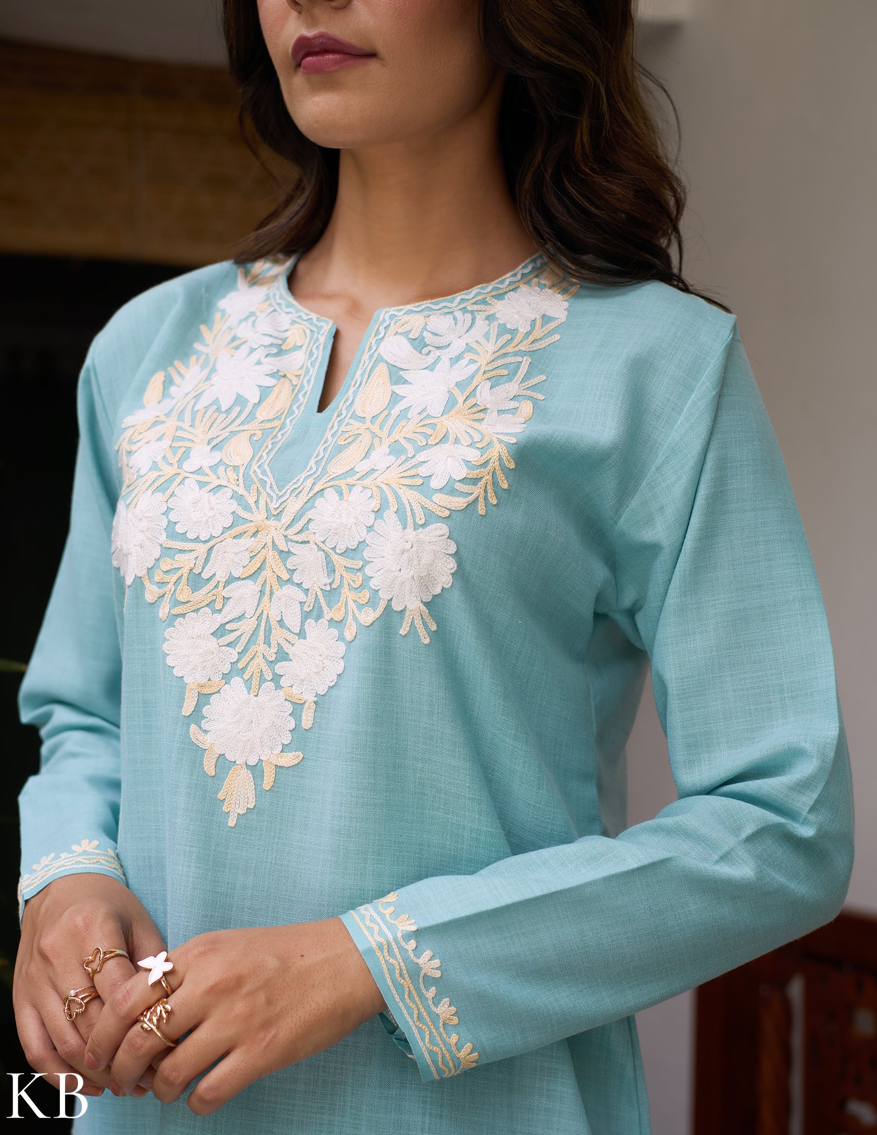 Nigeen Kashmiri Aari Sky Blue Kurti - Kashmir Box