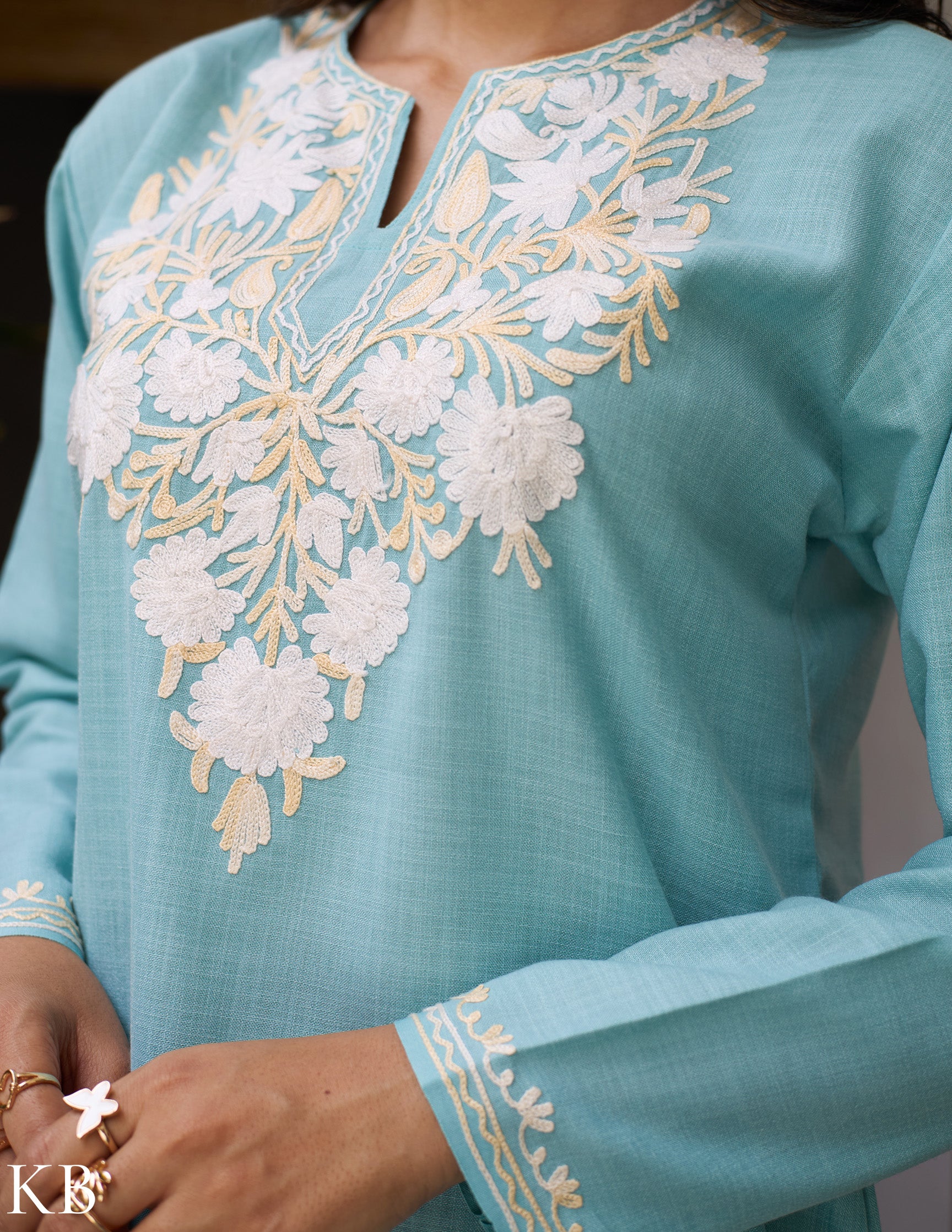 Nigeen Kashmiri Aari Sky Blue Kurti - Kashmir Box