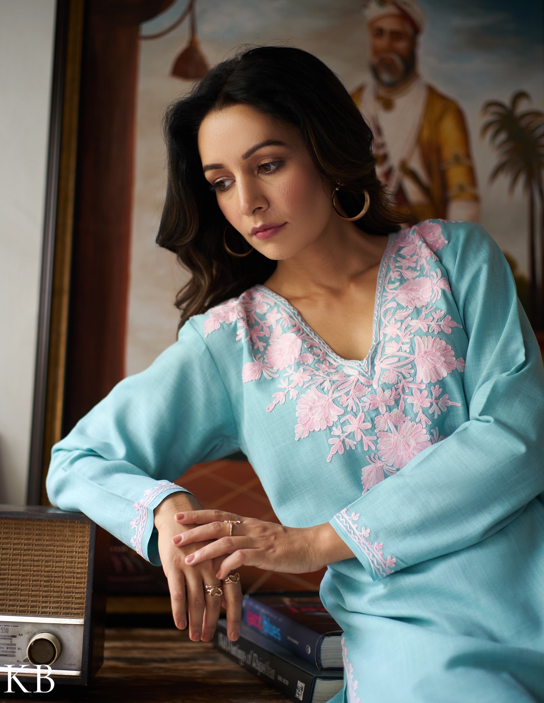 Nigeen Kashmiri Aari Sky Blue Co-ord Set - Kashmir Box