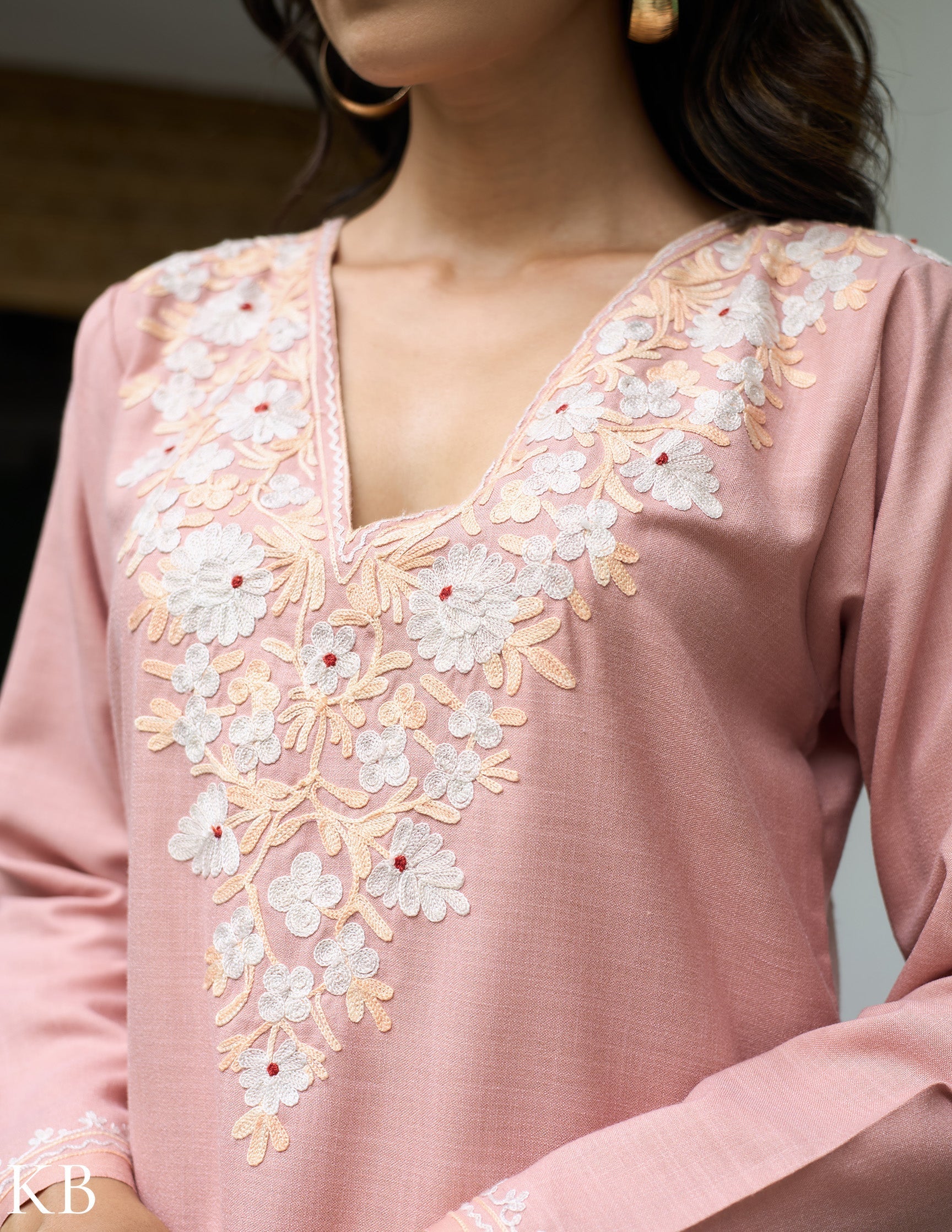 Nigeen Kashmiri Aari Dusky Pink Co-ord Set - Kashmir Box