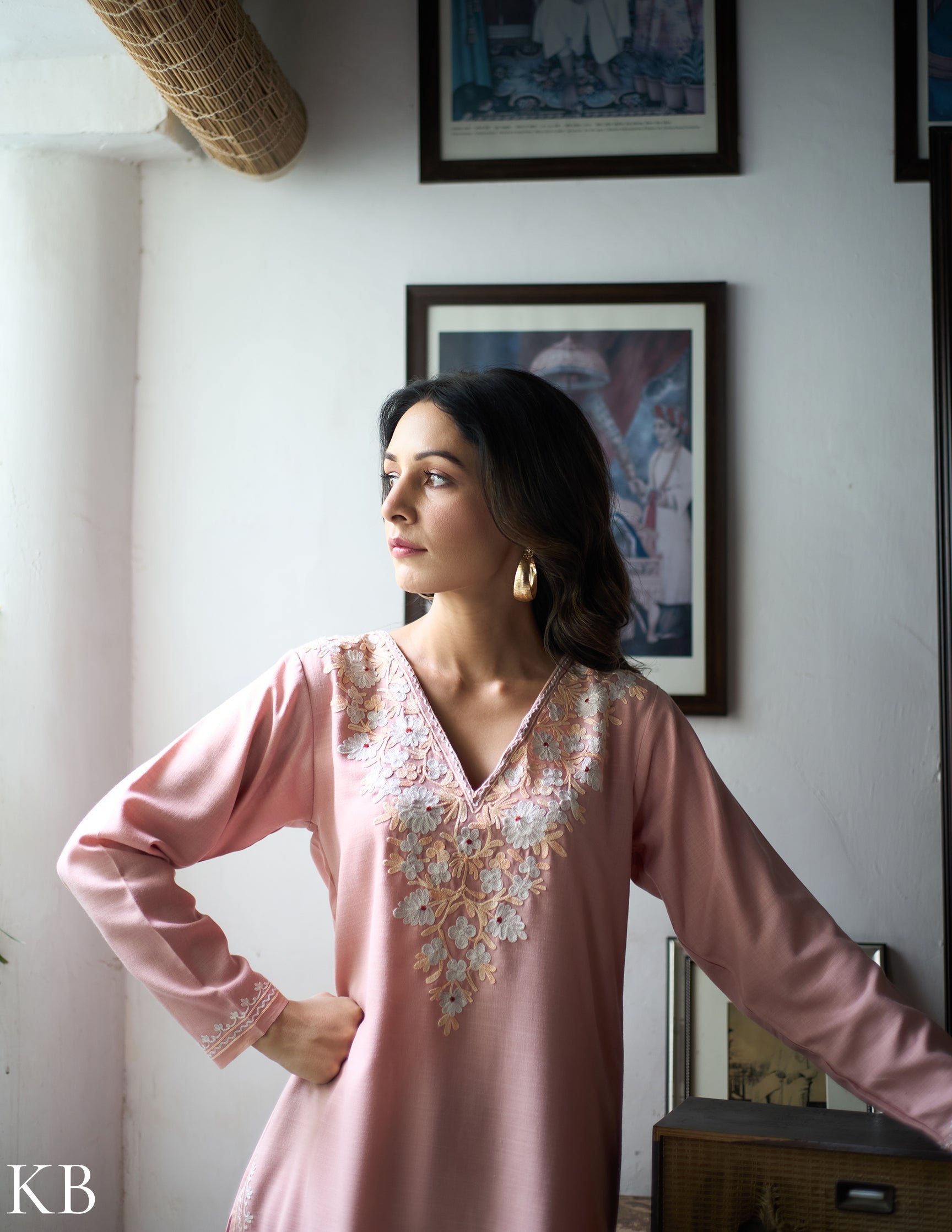 Nigeen Kashmiri Aari Dusky Pink Co-ord Set - Kashmir Box