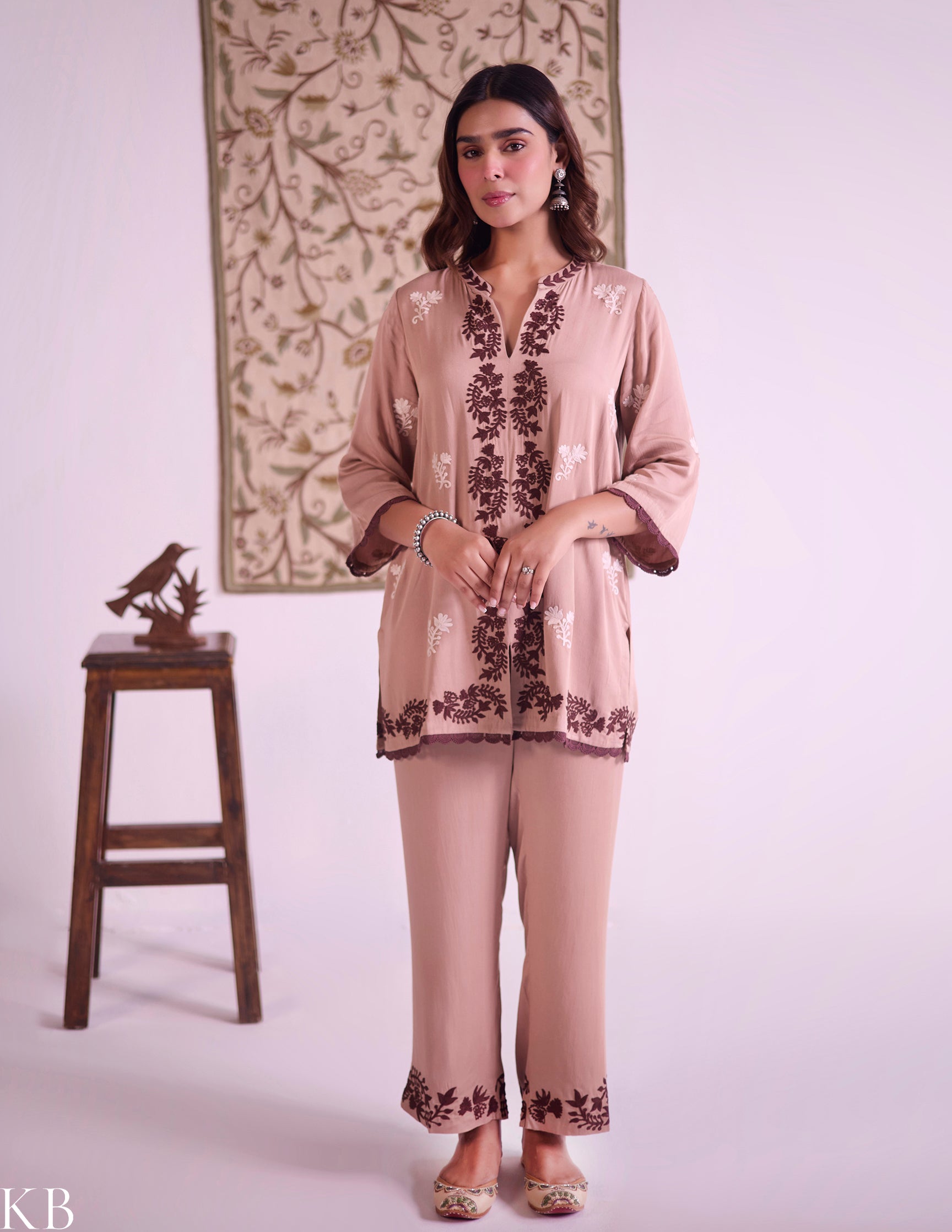 Mocha–Ivory Modal Satin Coord Set with Fine Aari Embroidery — Bulbul Collection | Kashmiri Summer Festive Wear - Kashmir Box