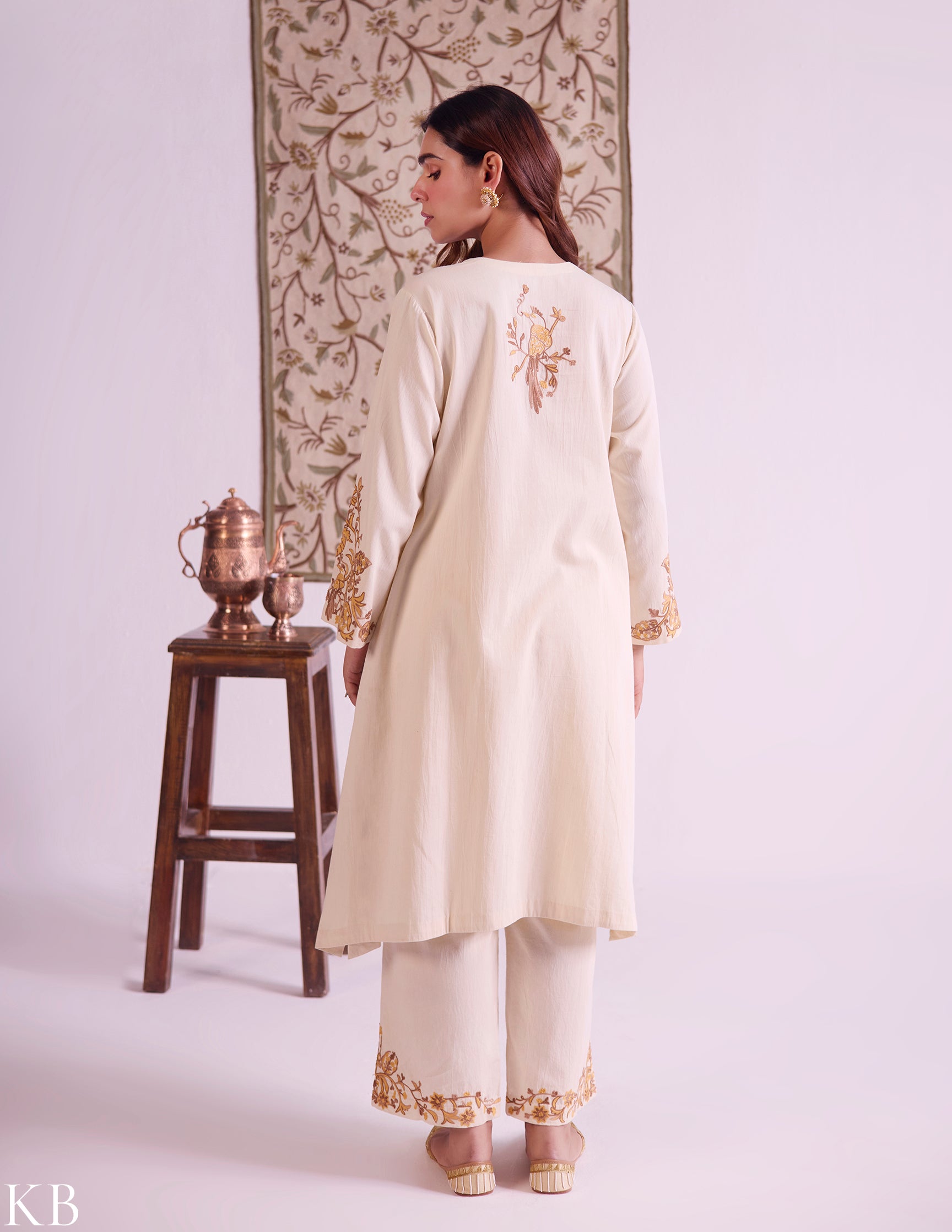 Yellow Cotton Satin Suit Set with Fine Aari Embroidery & Organza Dupatta — Bulbul Collection | Kashmiri Summer Festive Wear - Kashmir Box