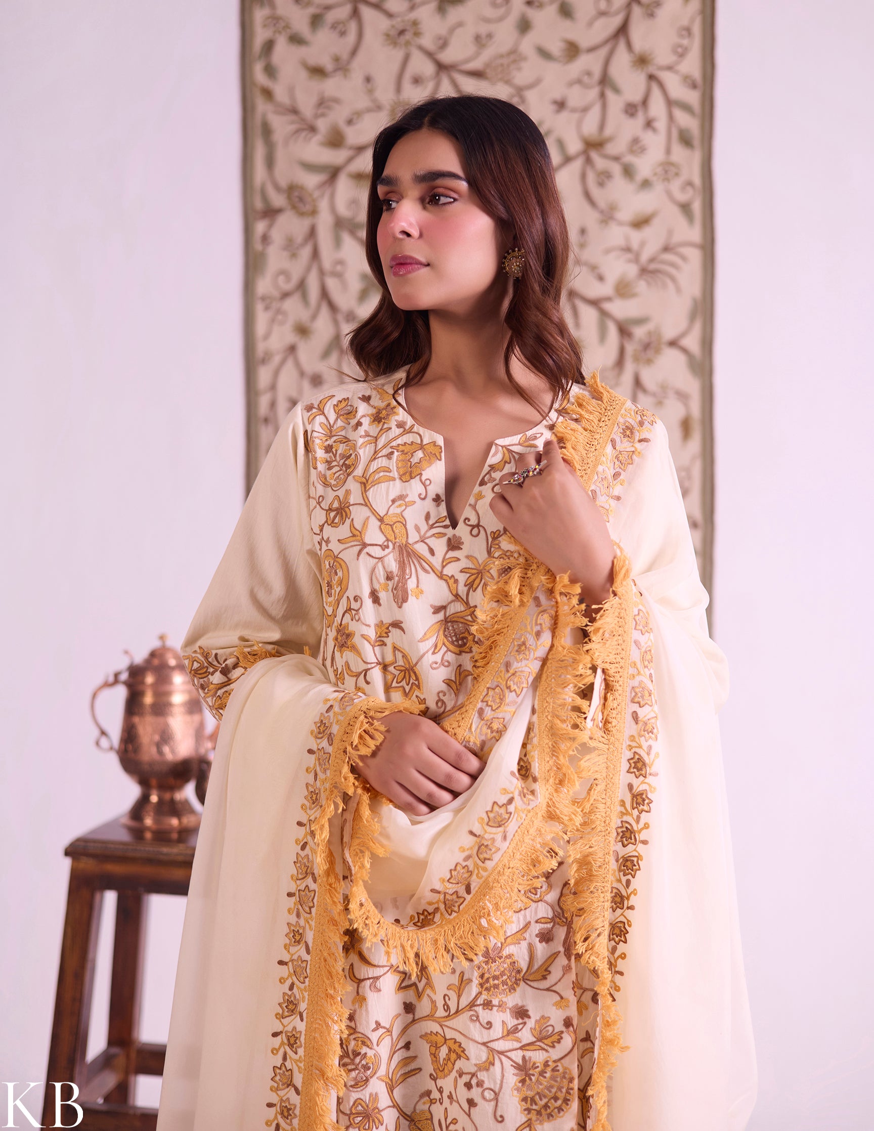 Yellow Cotton Satin Suit Set with Fine Aari Embroidery & Organza Dupatta — Bulbul Collection | Kashmiri Summer Festive Wear - Kashmir Box