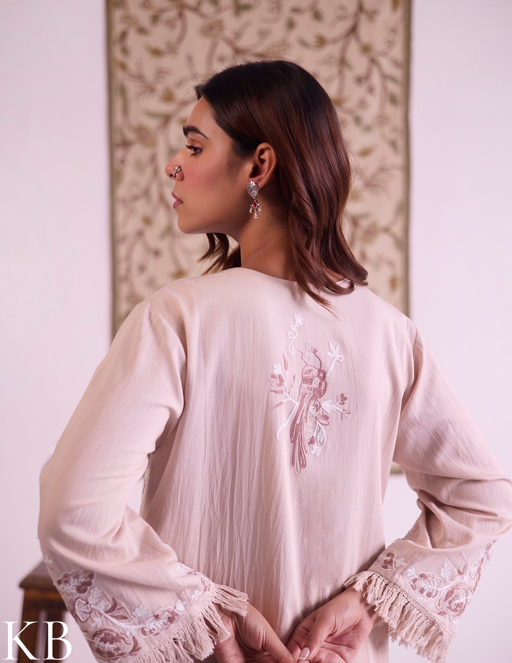 Beige Cotton Satin Suit Set with Fine Aari Embroidery & Organza Dupatta — Bulbul Collection | Kashmiri Summer Festive Wear - Kashmir Box