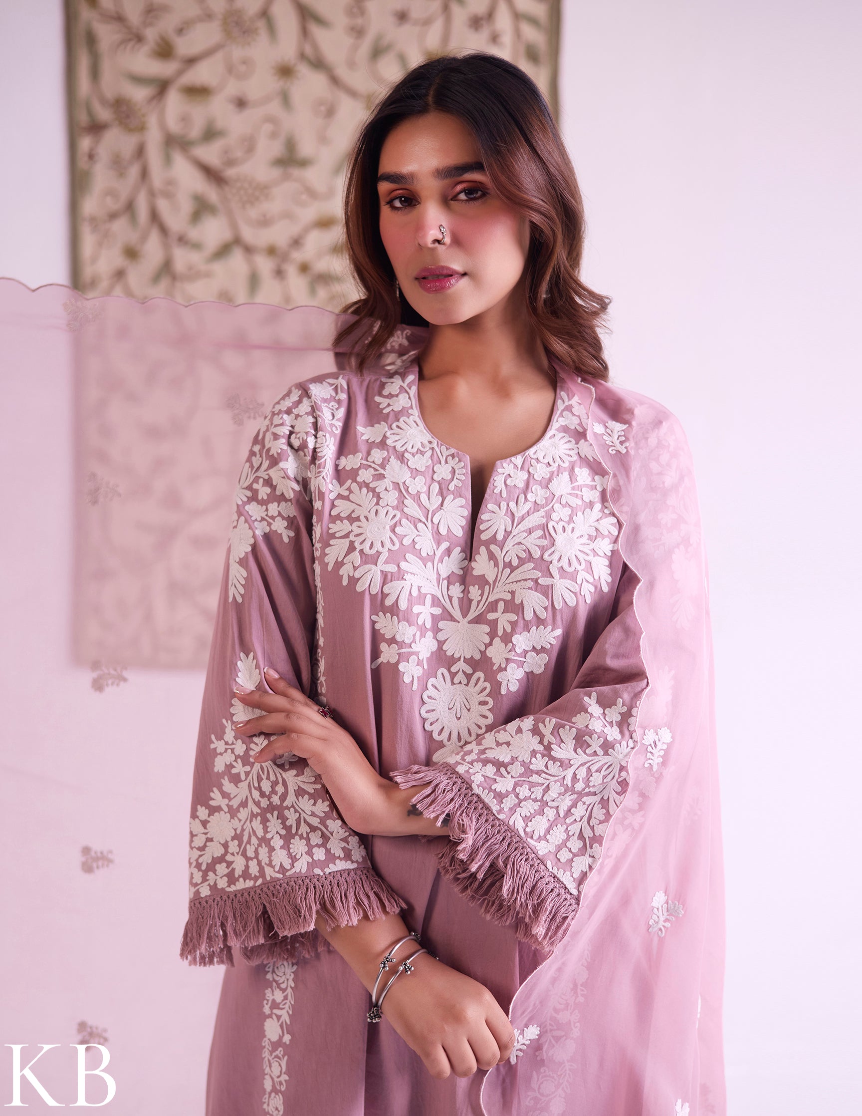 Mauve Cotton Satin Suit Set with Fine Aari Embroidery & Organza Dupatta — Bulbul Collection | Kashmiri Summer Festive Wear - Kashmir Box