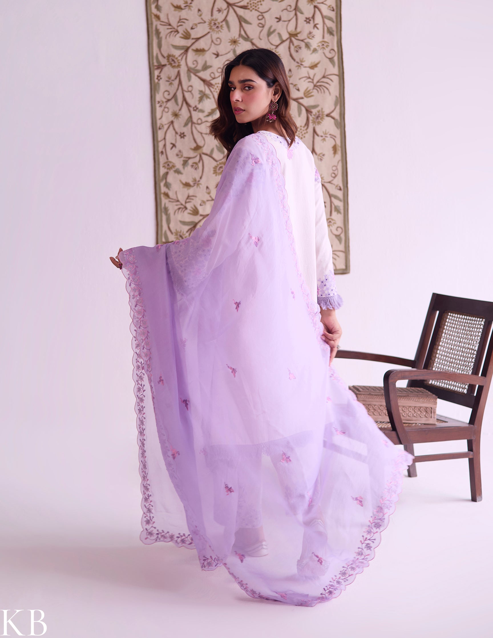 Baby Pink Cotton Satin Suit Set with Fine Aari Embroidery & Violet Organza Dupatta — Bulbul Collection | Kashmiri Summer Festive Wear - Kashmir Box