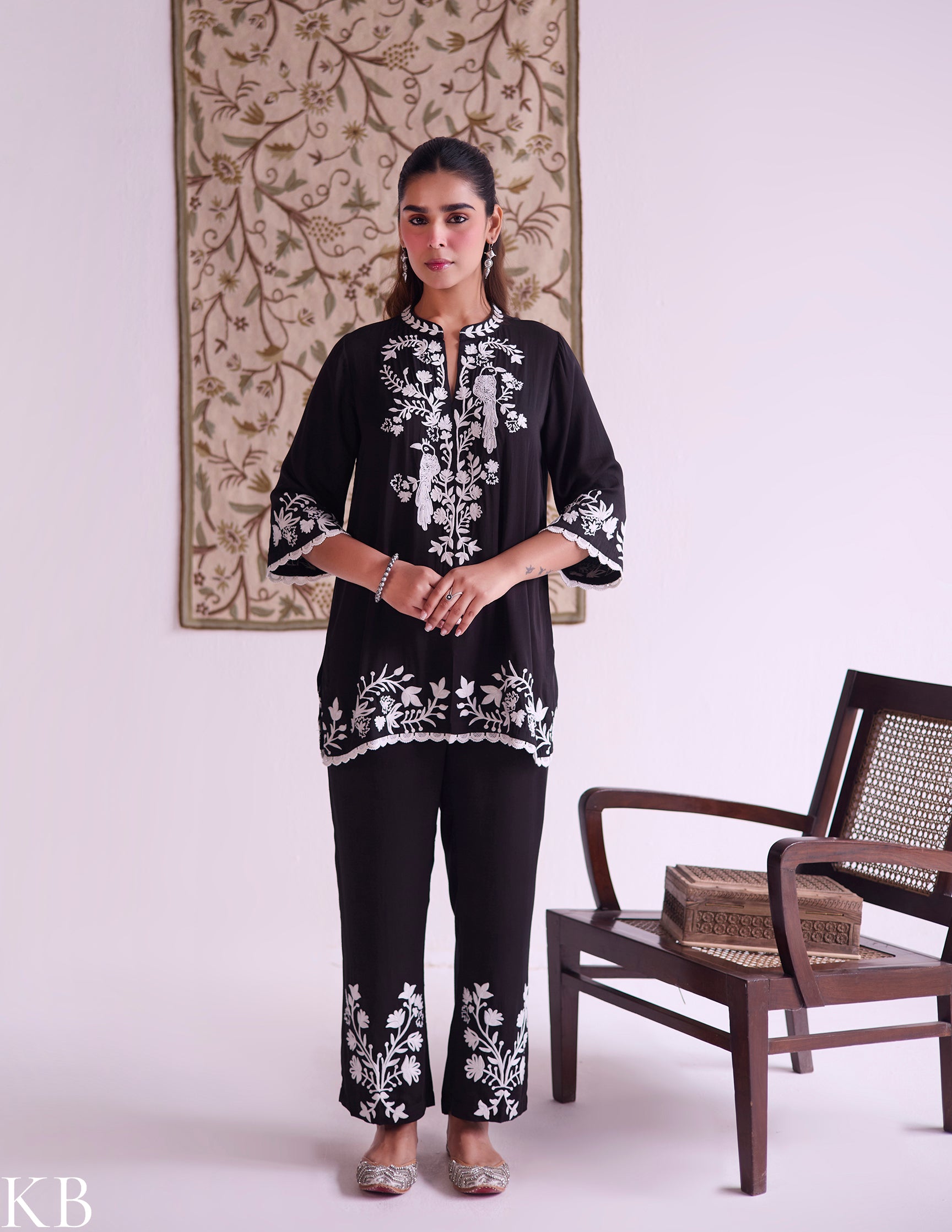 Black–White Modal Satin Coord Set with Fine Aari Embroidery — Bulbul Collection | Kashmiri Summer Festive Wear - Kashmir Box
