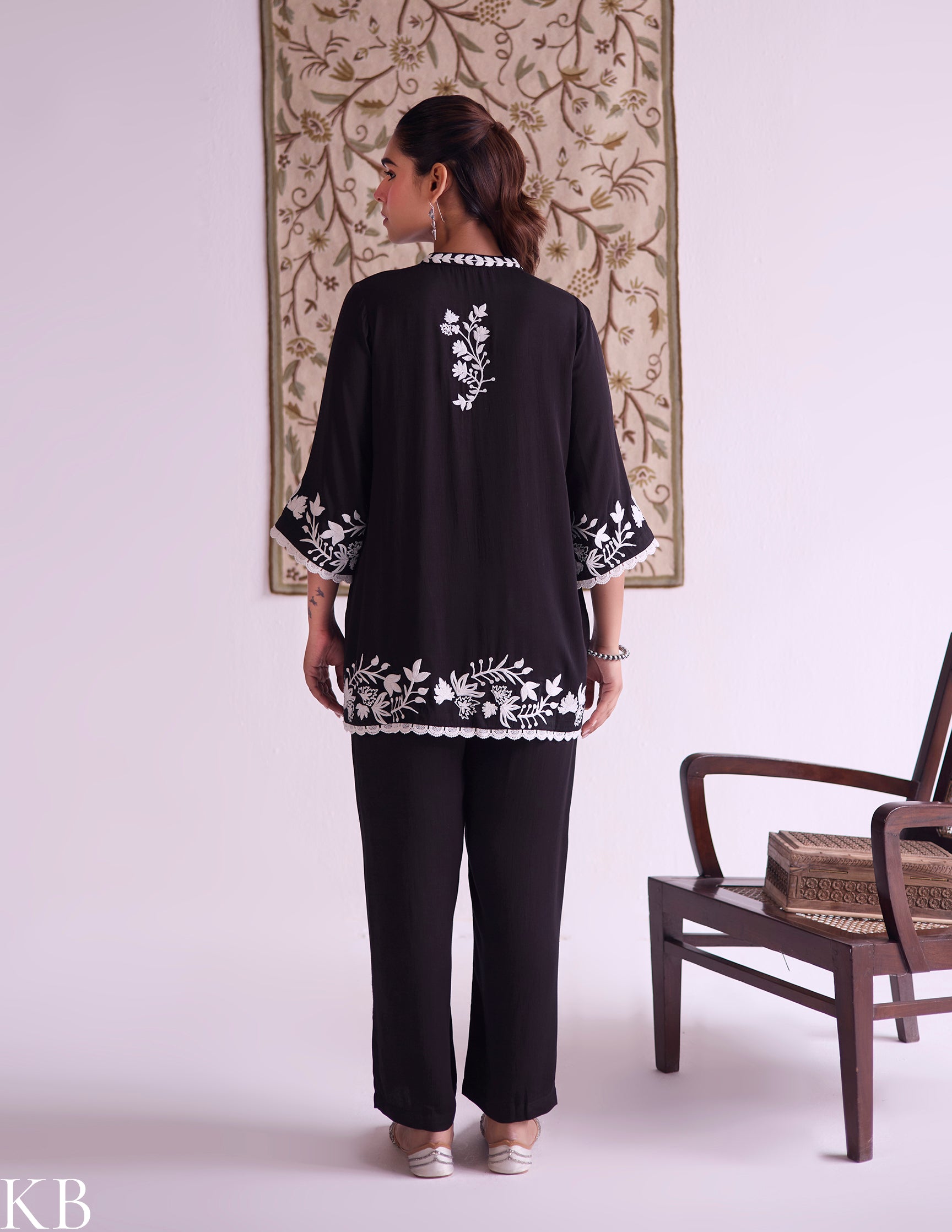 Black–White Modal Satin Coord Set with Fine Aari Embroidery — Bulbul Collection | Kashmiri Summer Festive Wear - Kashmir Box