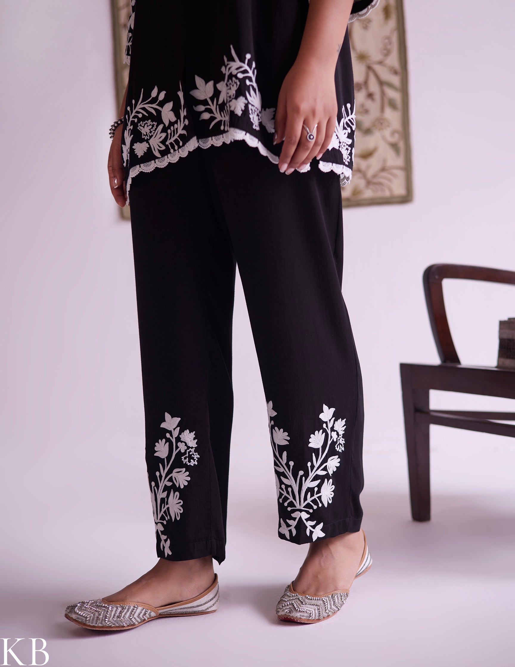 Black–White Modal Satin Coord Set with Fine Aari Embroidery — Bulbul Collection | Kashmiri Summer Festive Wear - Kashmir Box