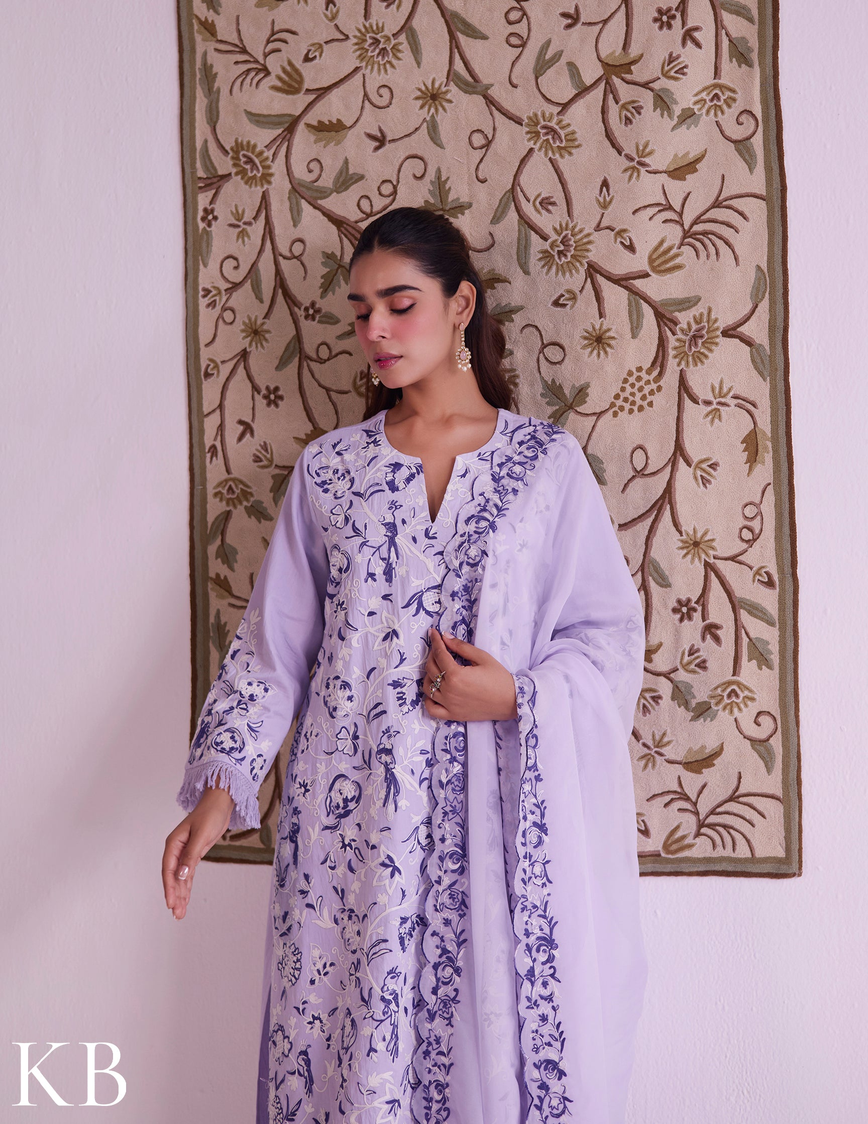 Lilac Cotton Satin Suit Set with Fine Aari Embroidery & Organza Dupatta — Bulbul Collection | Kashmiri Summer Festive Wear - Kashmir Box