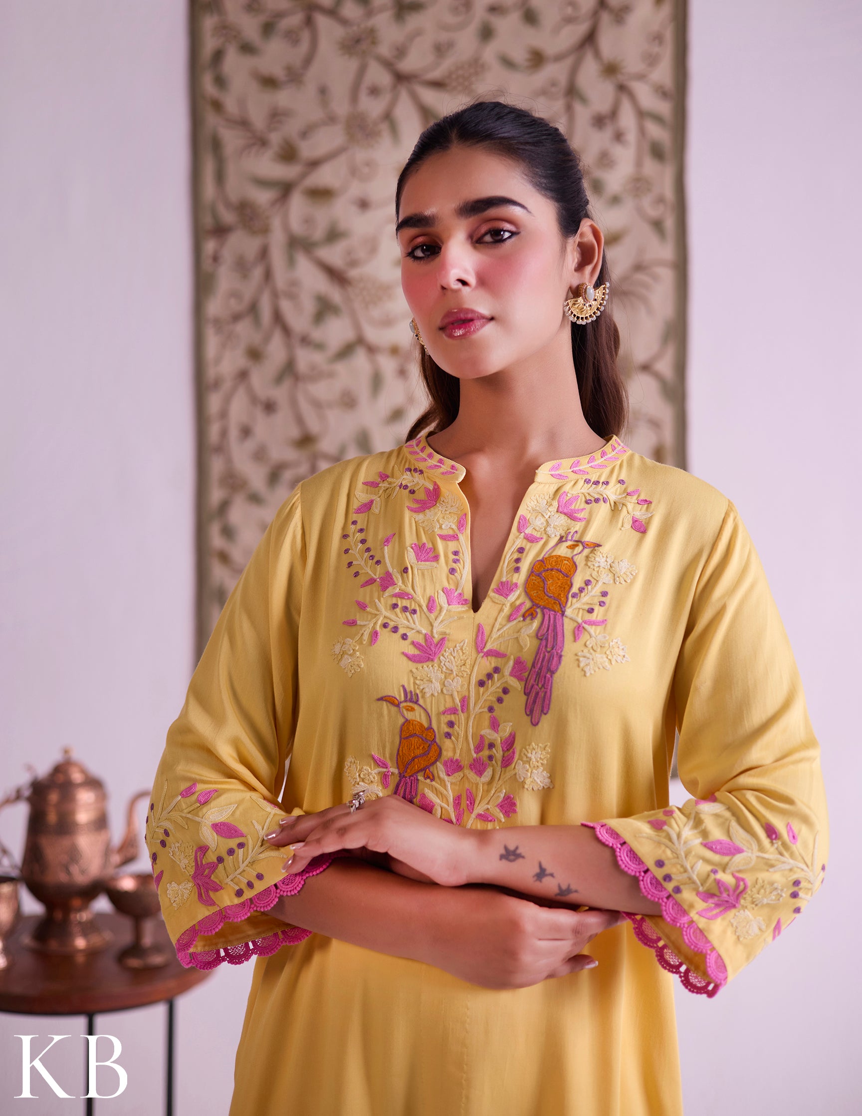 Mustard–Pink Modal Satin Coord Set with Fine Aari Embroidery — Bulbul Collection | Kashmiri Summer Festive Wear - Kashmir Box